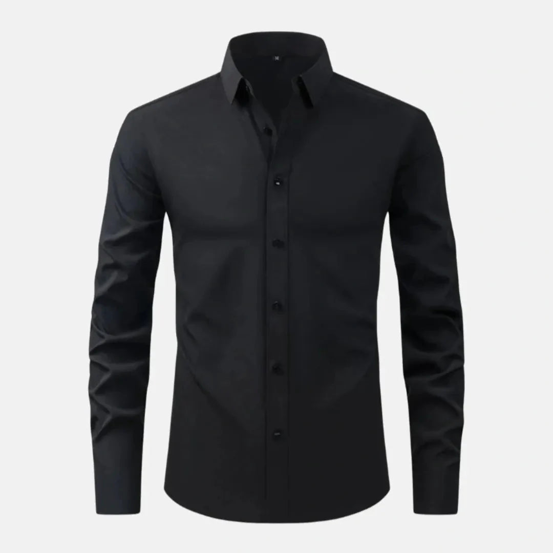 White slim fit long-sleeve tailored shirt with crisp finish, sharp professional silhouette