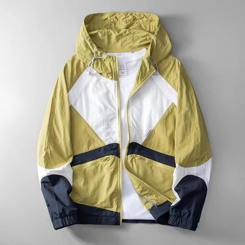 Men's color-blocked athletic windbreaker lightweight water-resistant shell adjustable hood street style