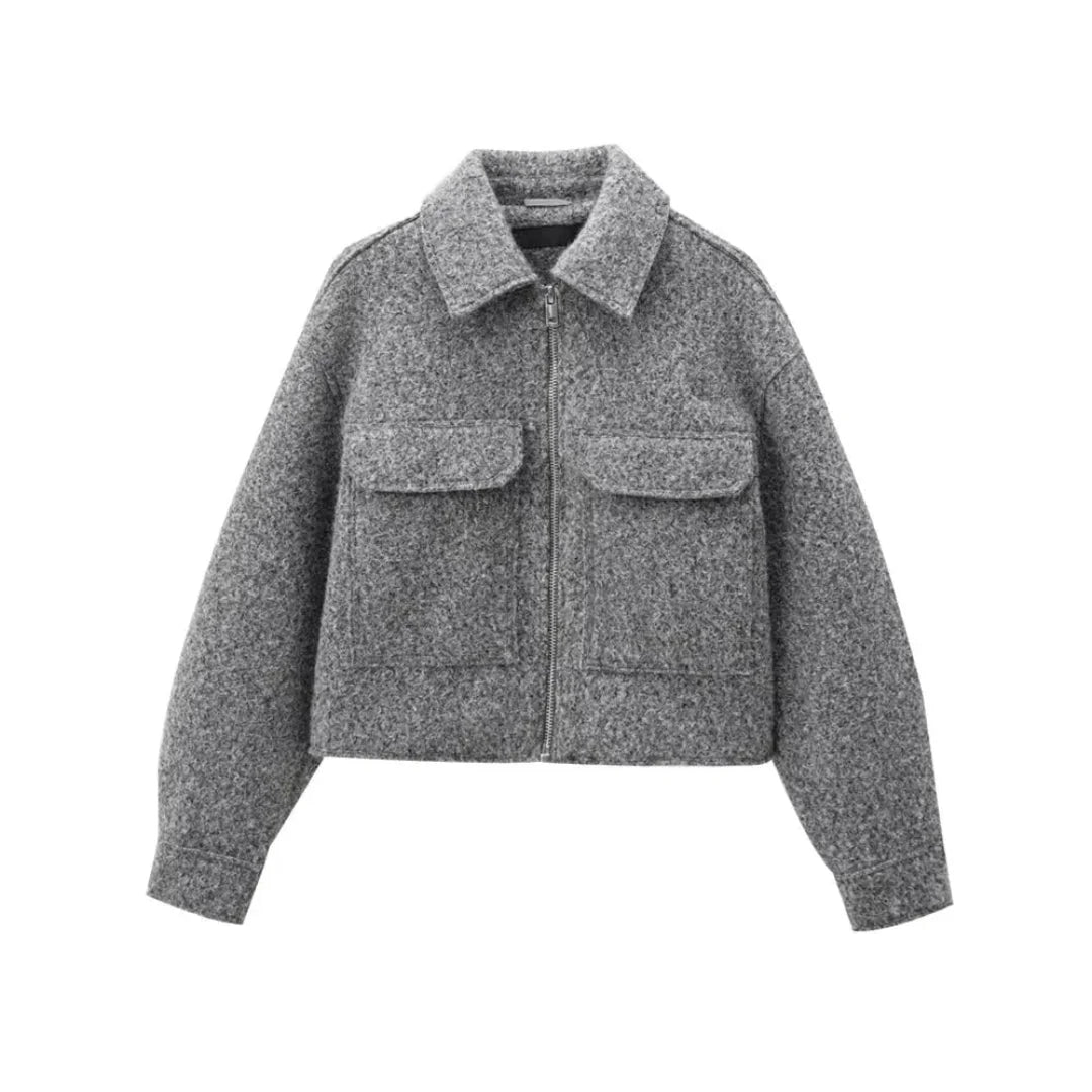 Women's cropped wool blend jacket zip front structured fit minimalist style versatile everyday wear