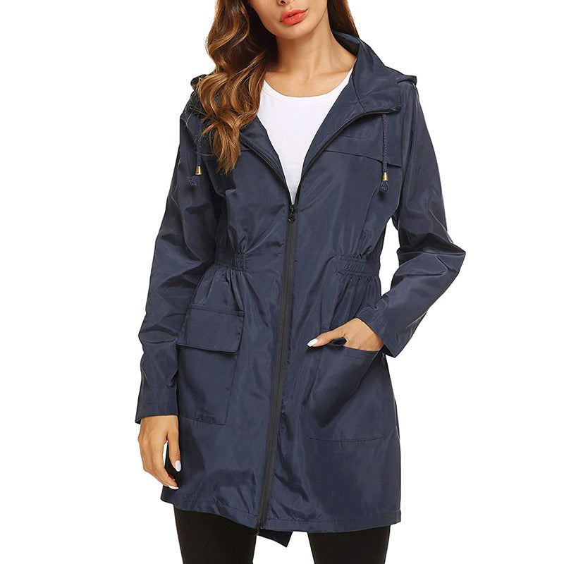 Women's lightweight tailored raincoat with hood, zipper front, water-repellent fabric and front pockets