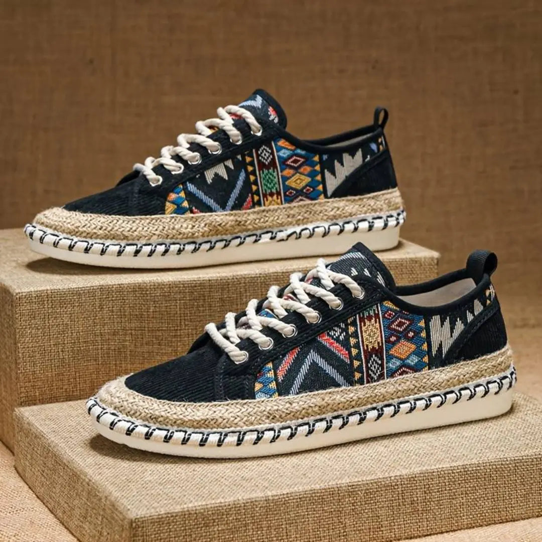 Bold Aztec pattern sneakers with breathable fabric upper and distinctive jute-wrapped midsole