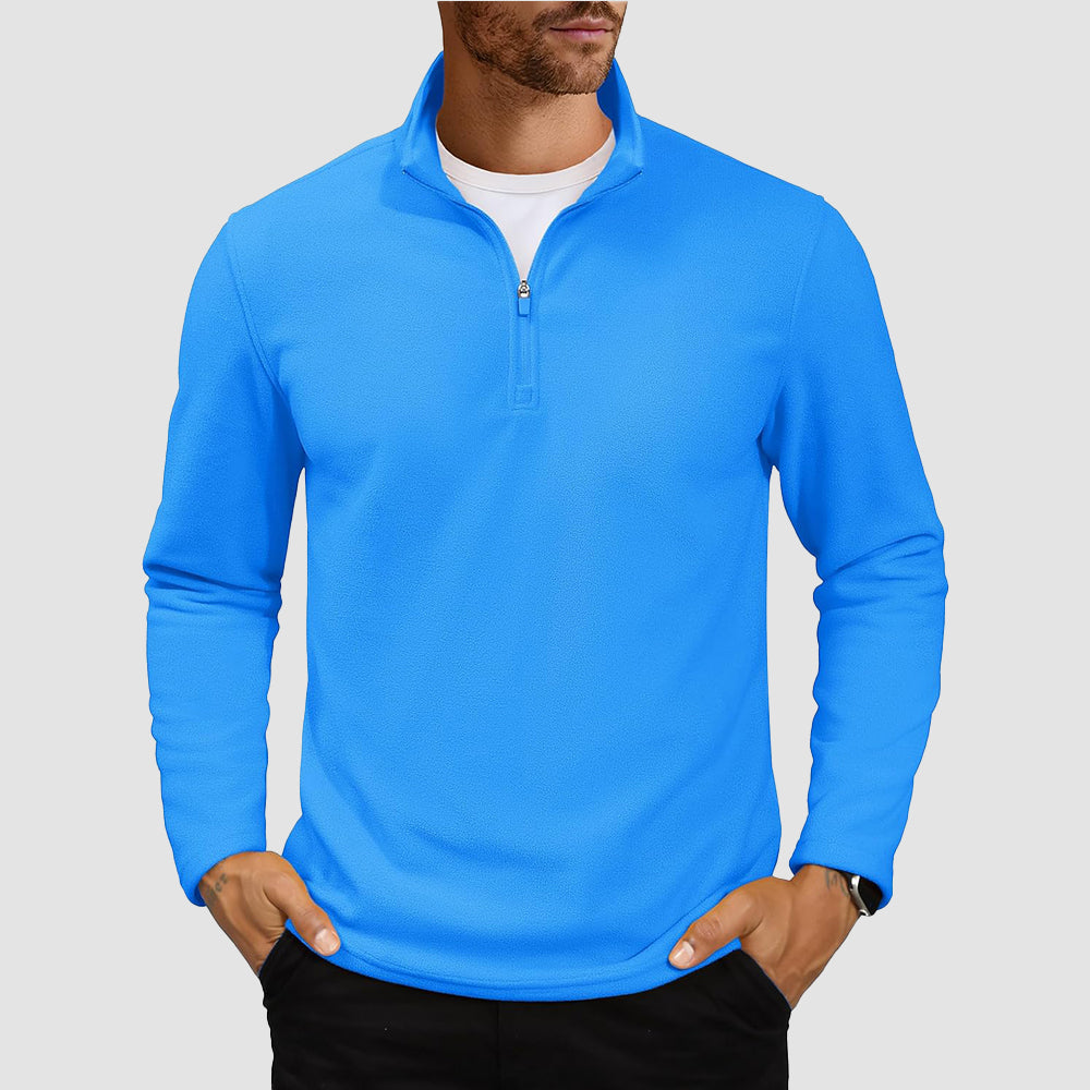 Men's lightweight polar fleece quarter-zip pullover sweatshirt with stand collar, wind-resistant warm layer