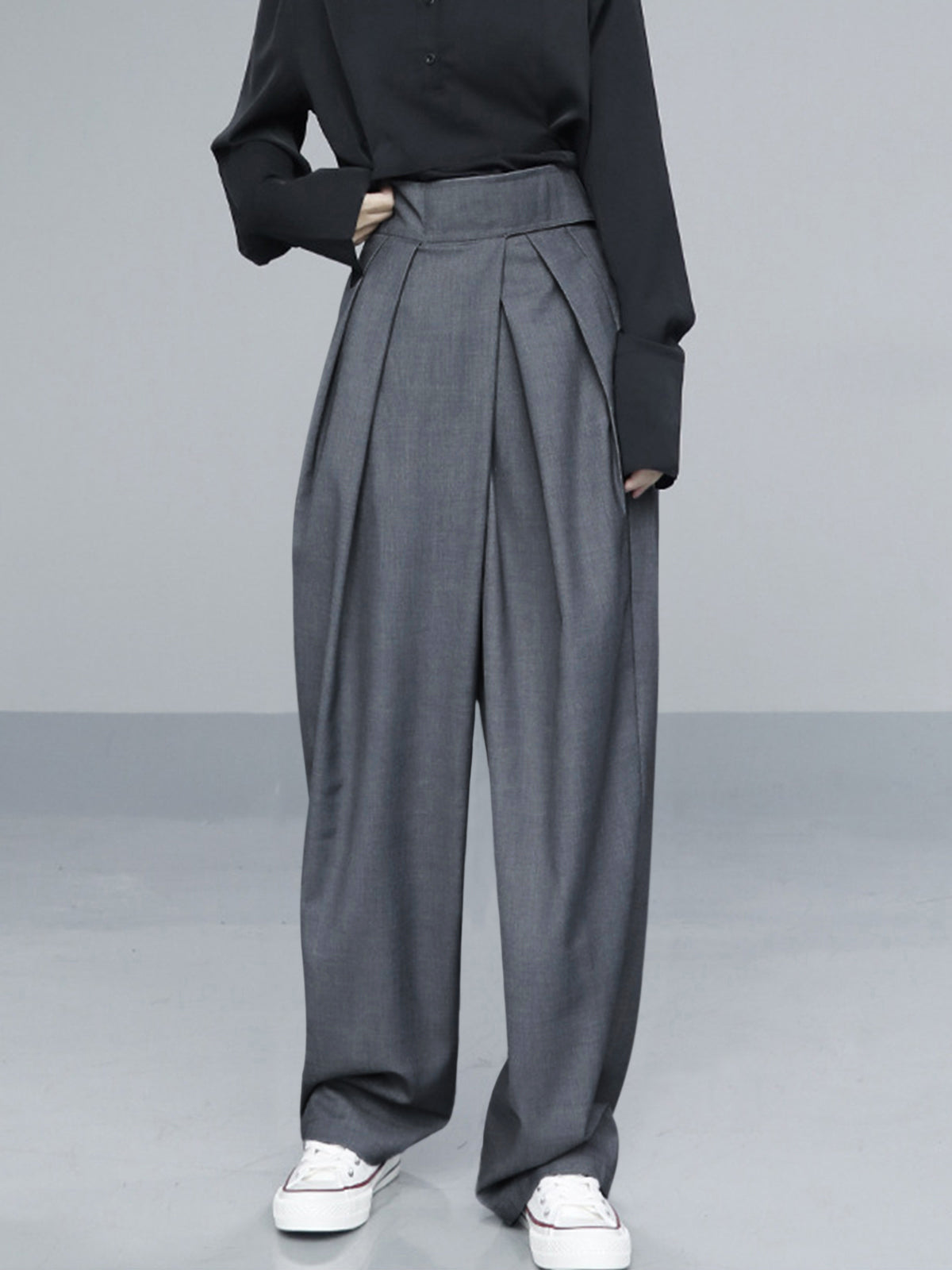 Women's wide leg trousers with Velcro sculpting waist, soft pleats, fluid drape, everyday comfort