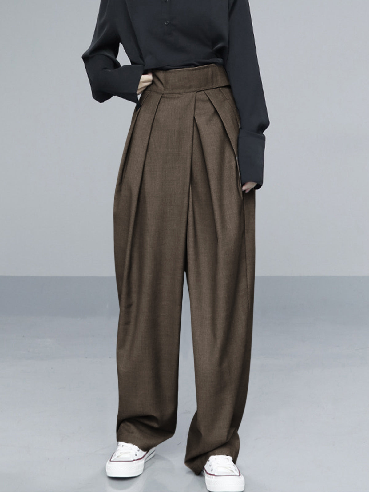 Women's wide leg trousers with Velcro sculpting waist, soft pleats, and fluid drape for effortless everyday style