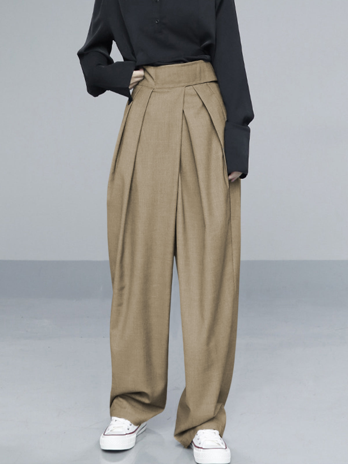 Women's wide leg trousers with Velcro sculpting waist, soft pleats, fluid drape, everyday comfort