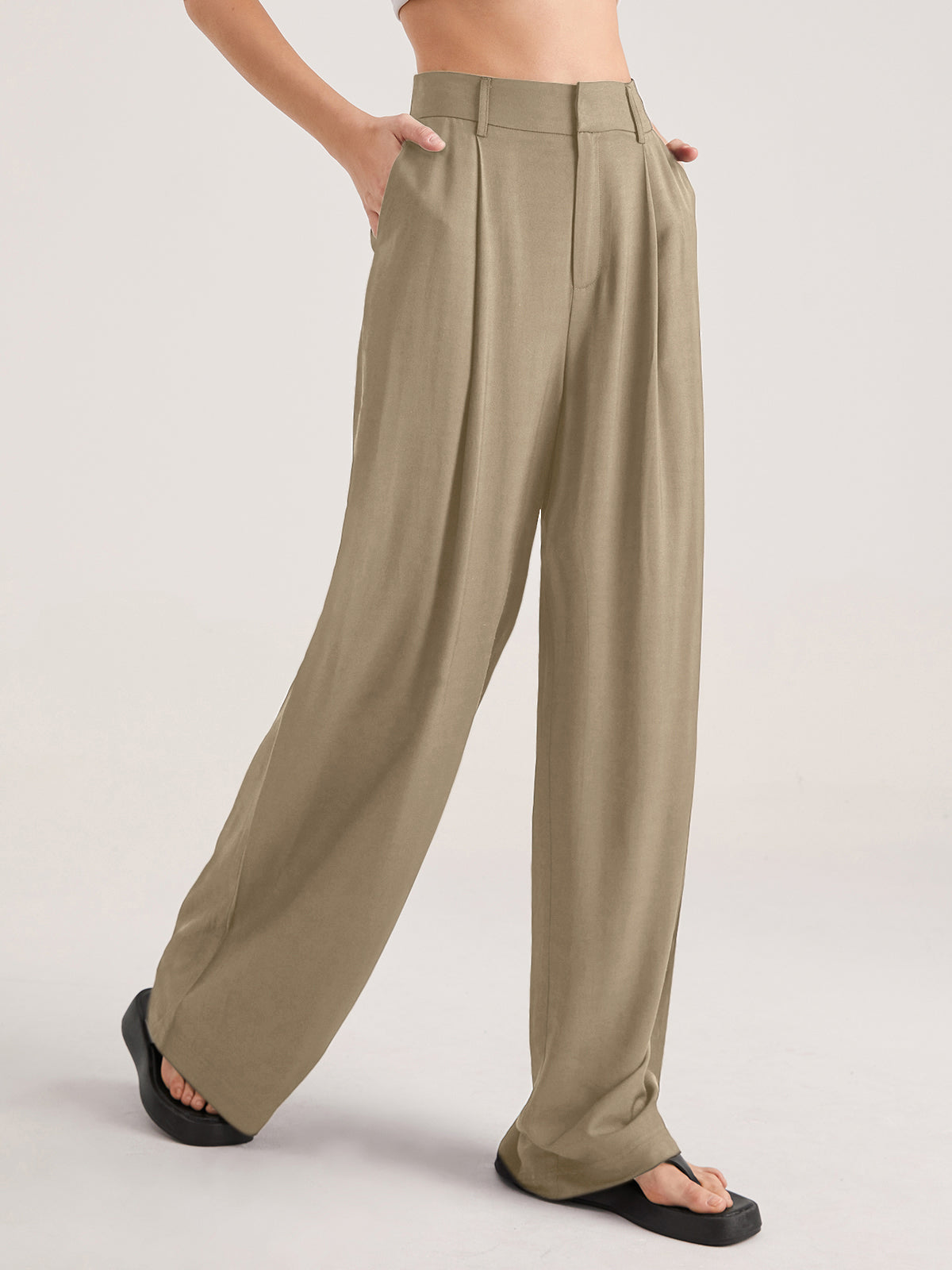 Women's high waist wide leg trousers with subtle pleat detailing, tailored silhouette for all-day comfort