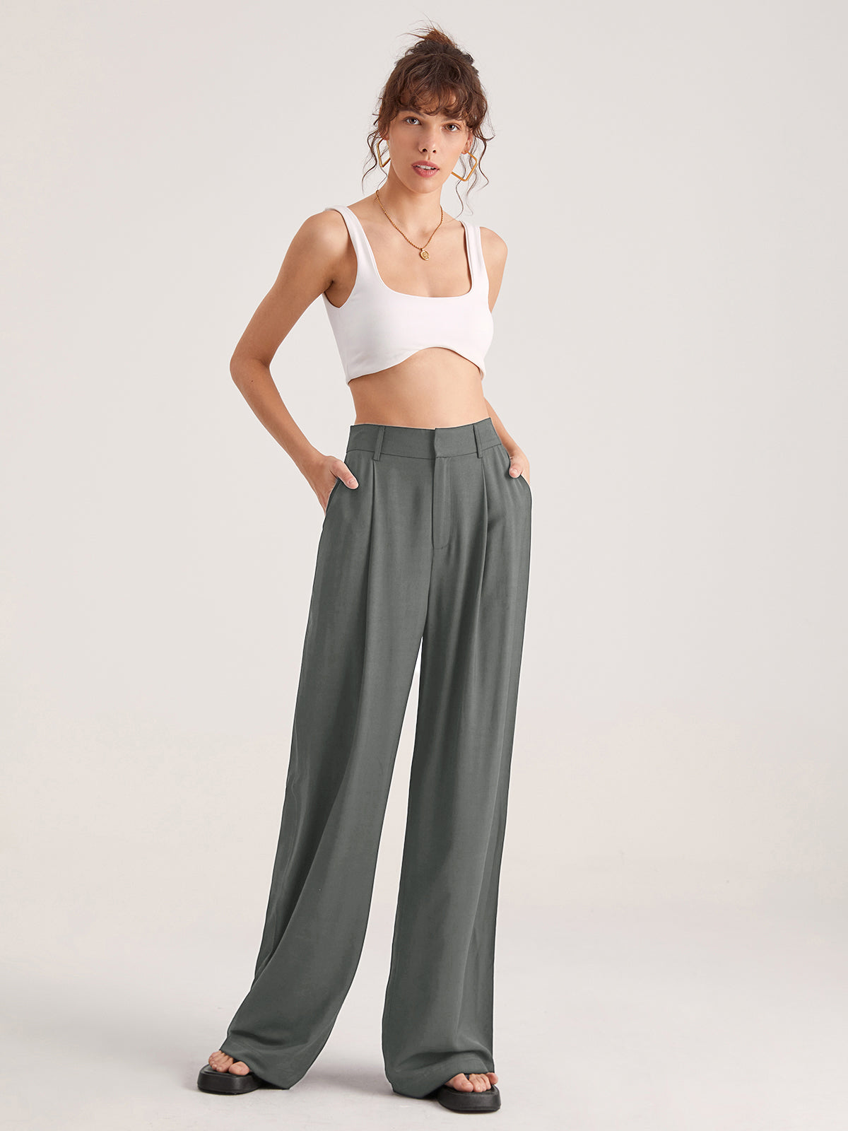 Women's high waist wide leg trousers with subtle pleat detailing, tailored fit for all-day comfort