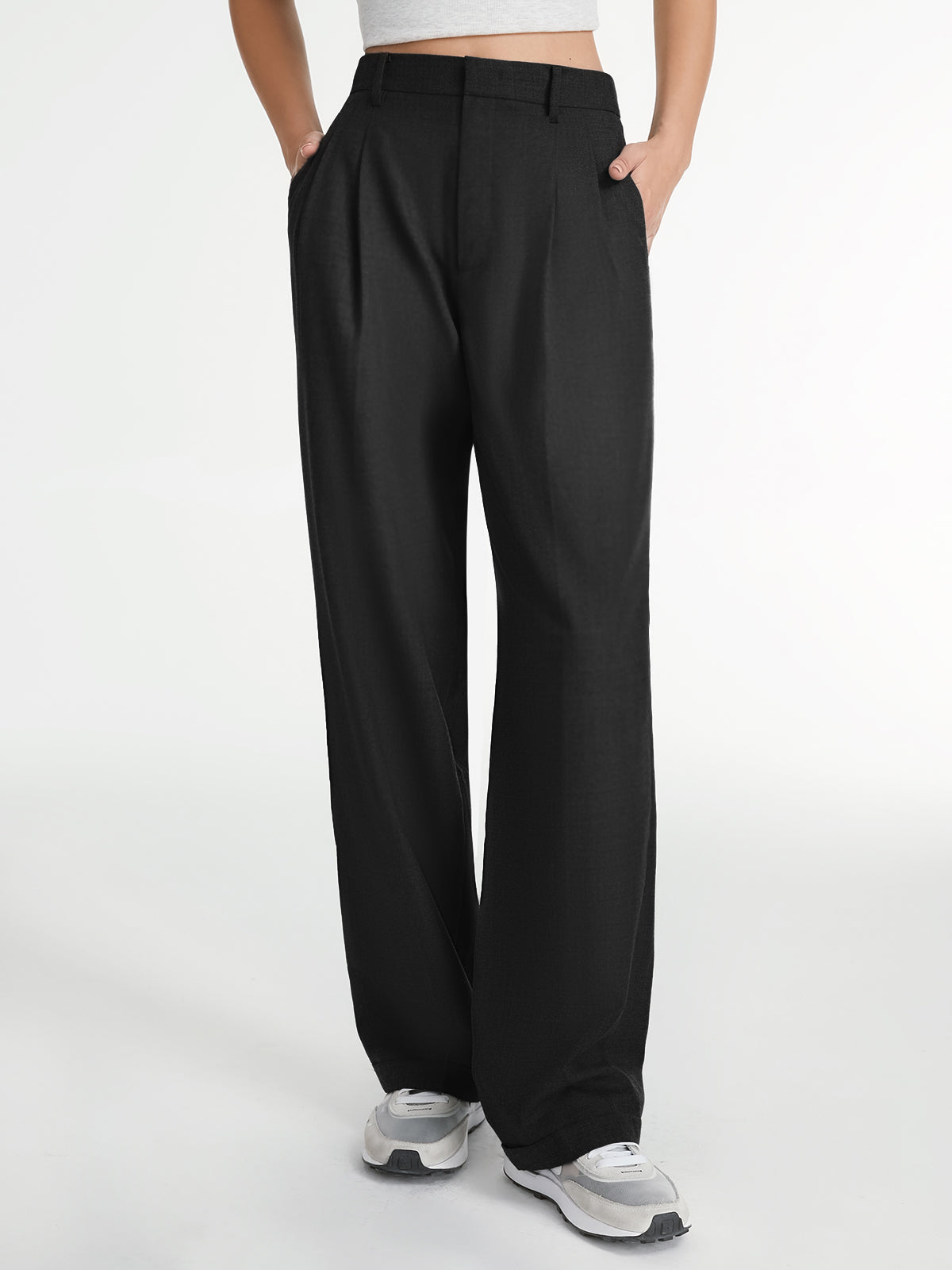 Tailored straight-leg dress pants with soft pleats, professional cut, all-day comfort for a polished look