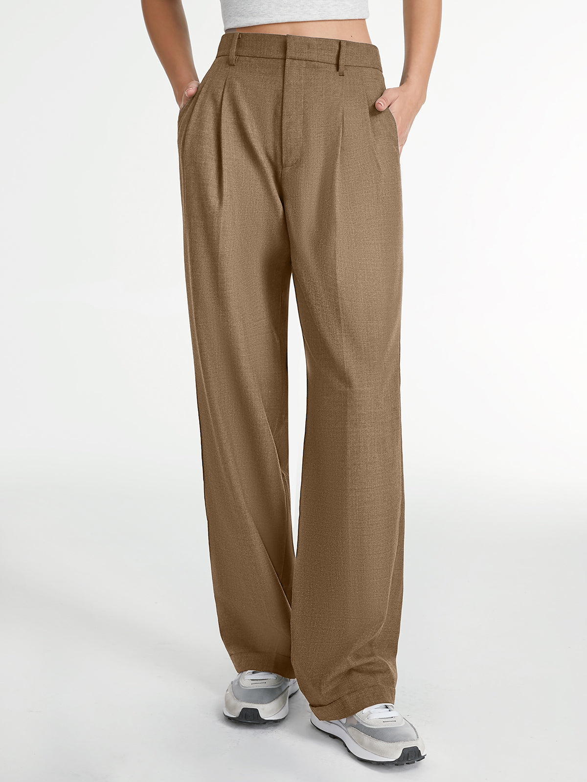 Tailored straight-leg dress pants with soft pleats, polished professional style in neutral tone