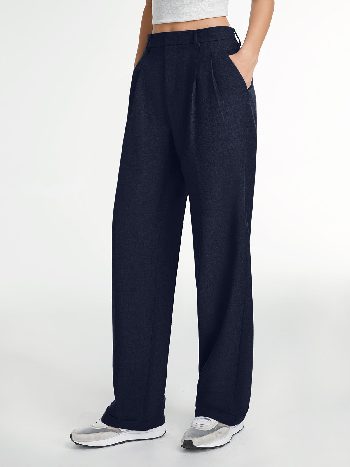 Navy tailored straight-leg dress pants with soft pleats, professional cut for all-day comfort
