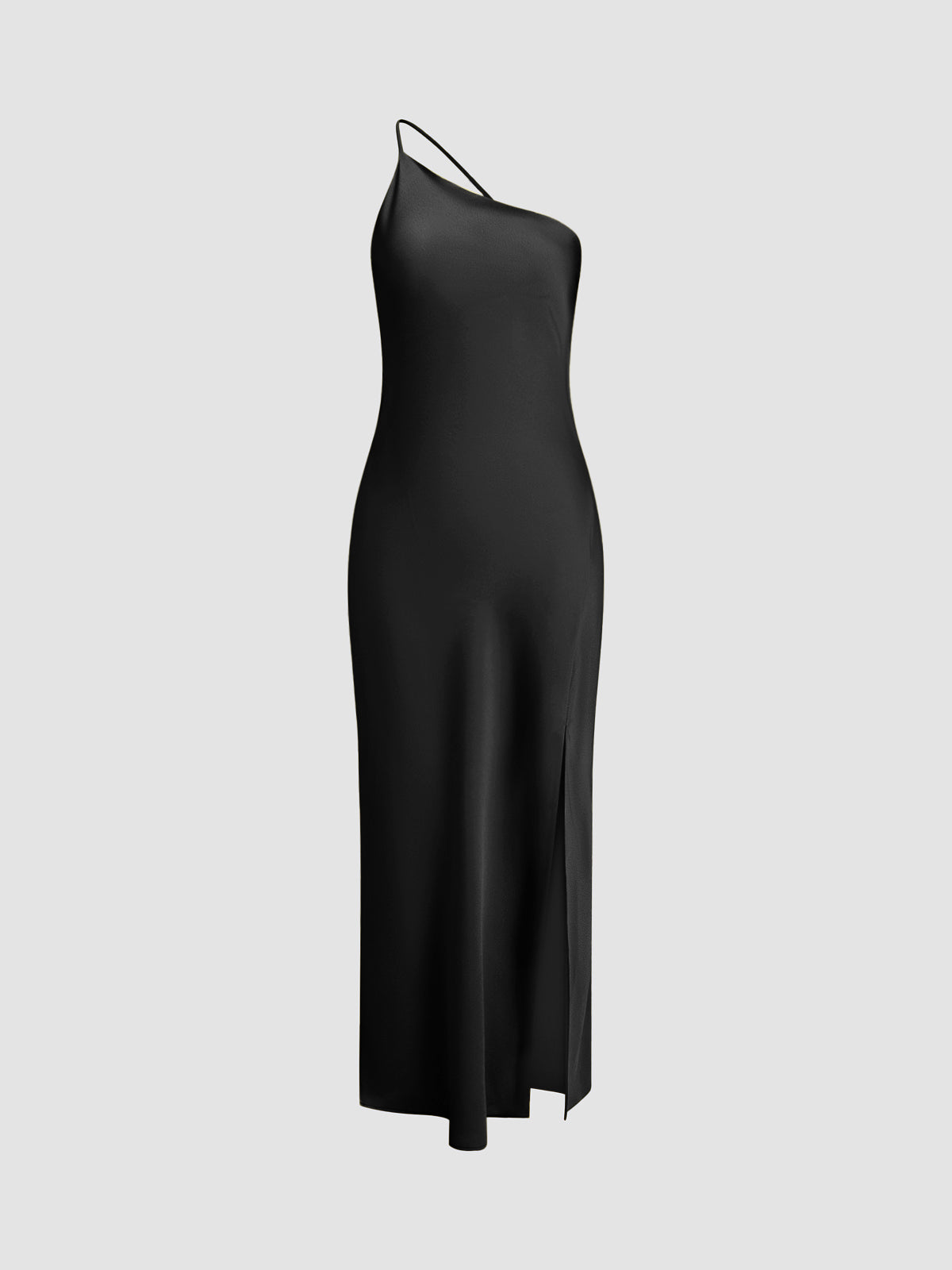 Satin maxi dress one-shoulder open back silky draping side slit elegant wedding guest gown