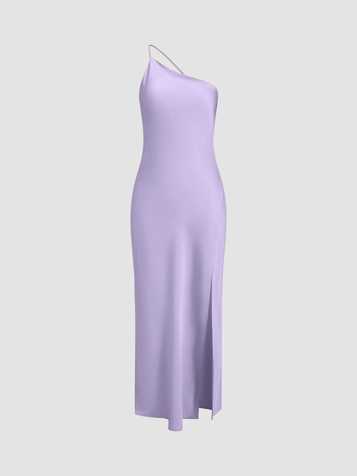 Satin maxi dress one-shoulder open back silky draping side slit elegant wedding guest gown