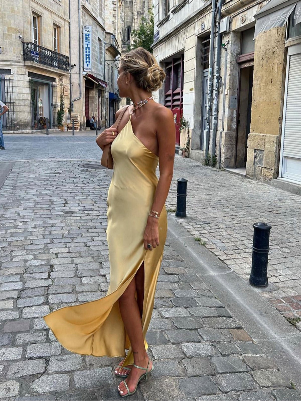 Satin maxi dress one shoulder open back side slit silky draping elegant wedding guest style