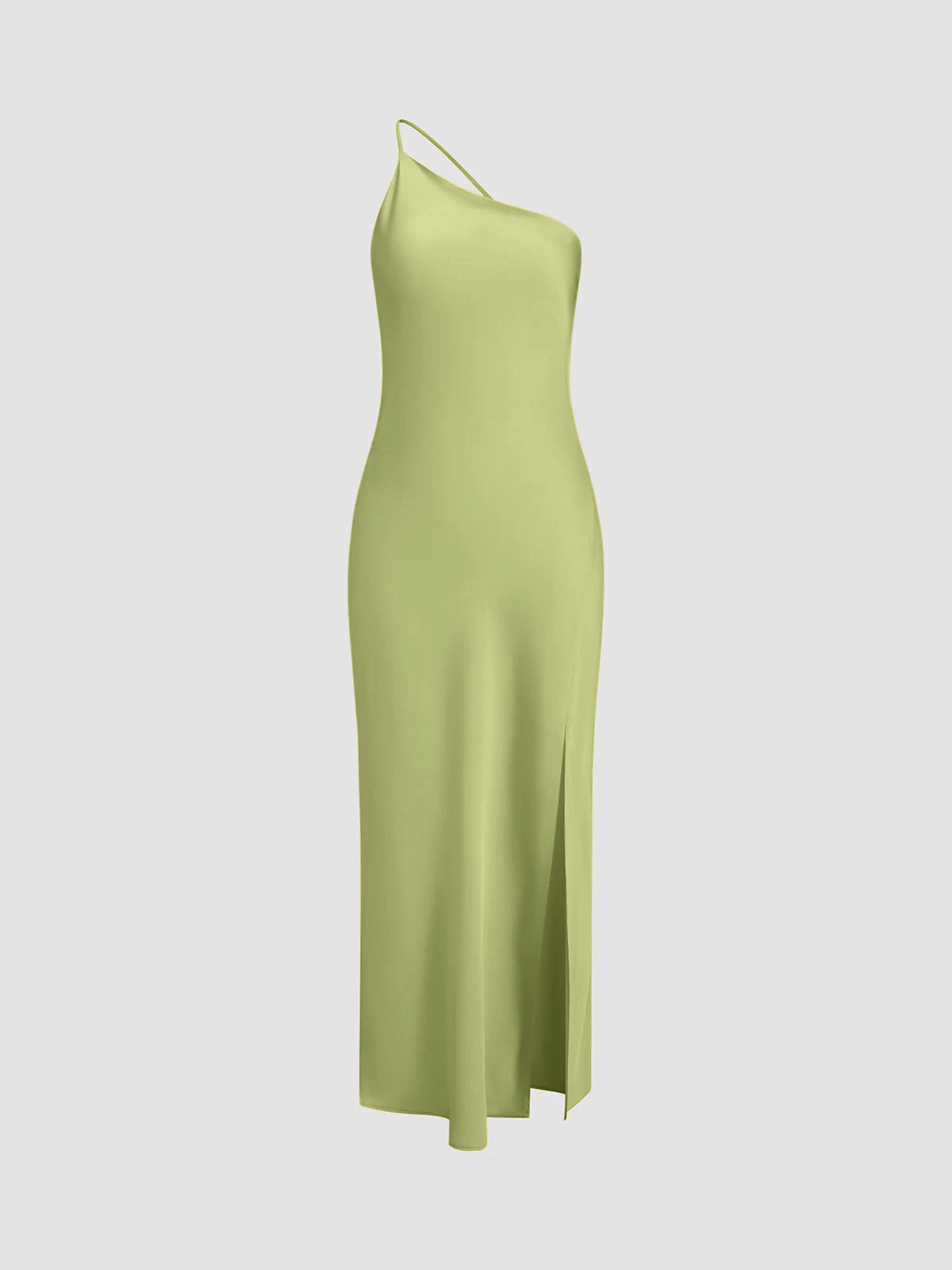 Satin maxi dress one-shoulder open back with side slit elegant silky draping for wedding guests