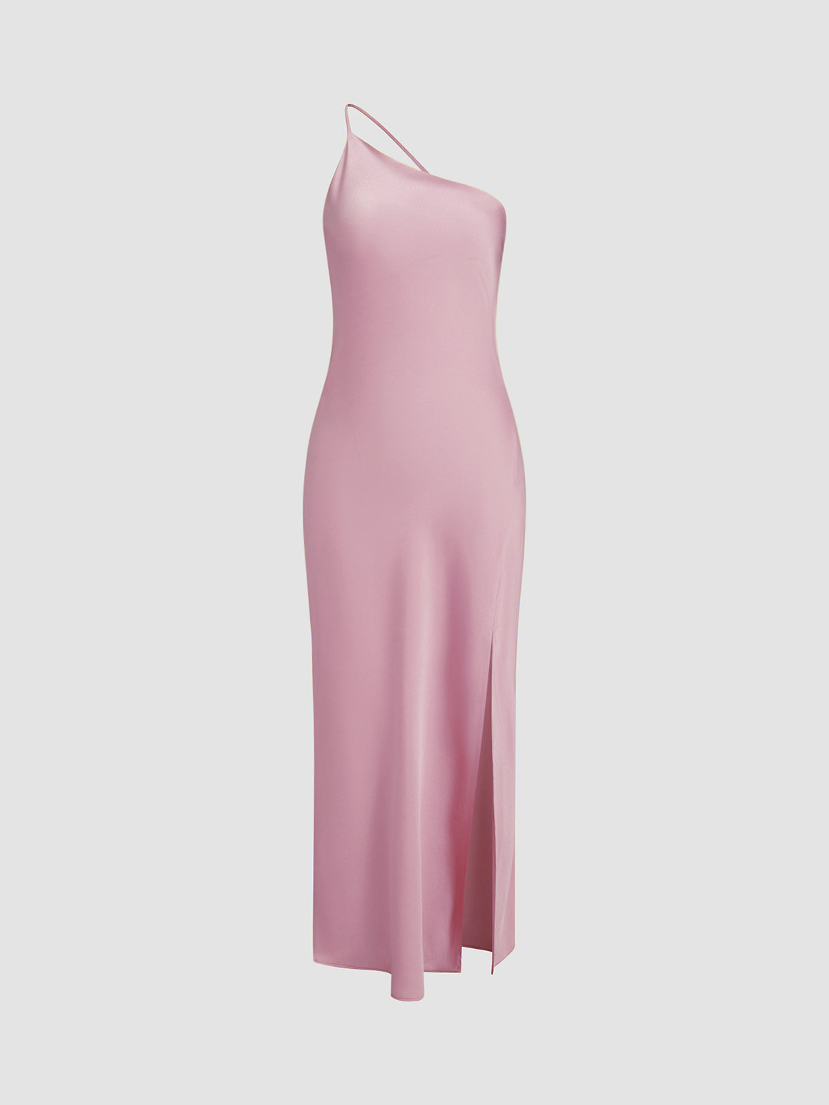 Satin maxi dress one-shoulder open back with side slit elegant silky draping for wedding guests