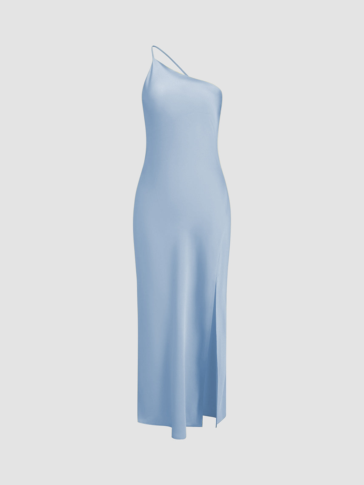 Satin maxi dress one shoulder open back side slit silky draping elegant wedding guest gown
