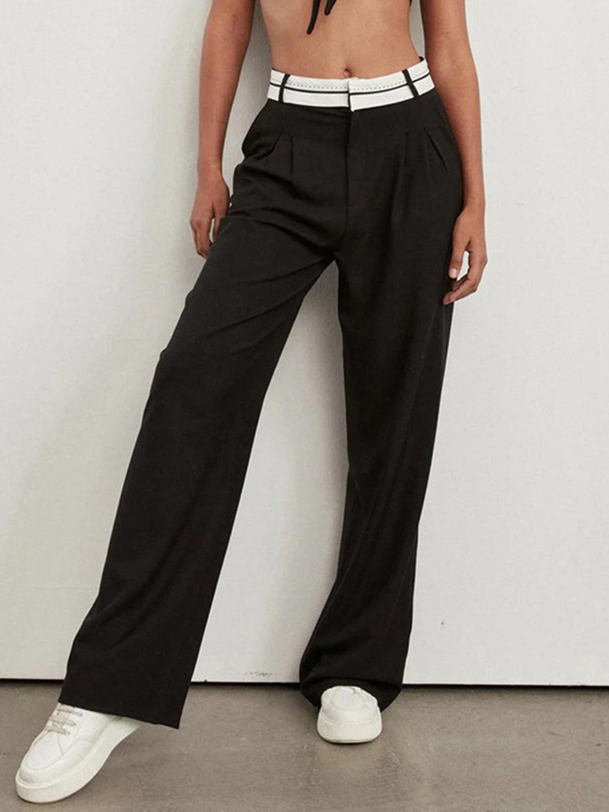 Women's wide leg pants with reverse waistband, contrast binding, casual everyday style in neutral tone