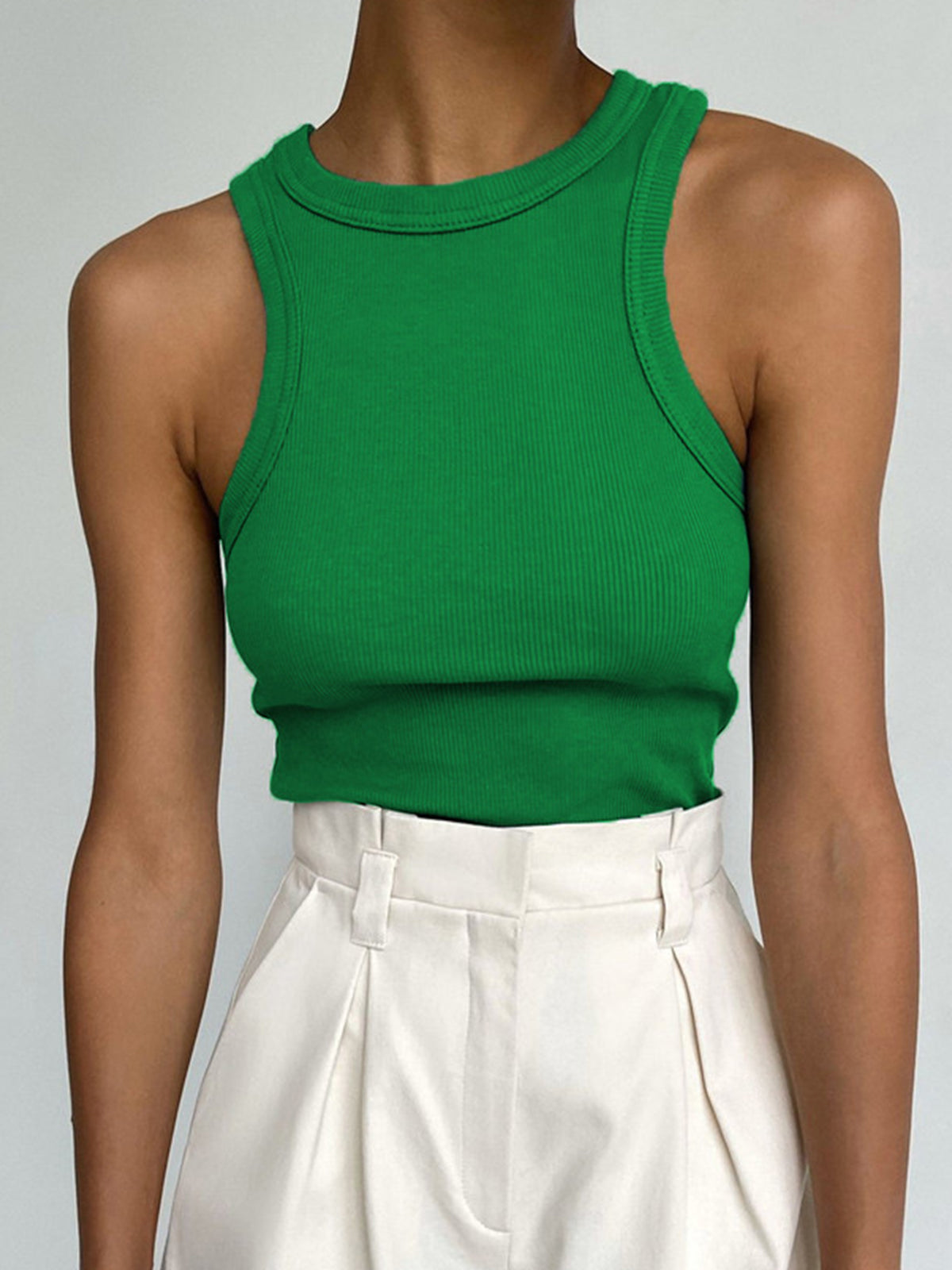 Women's ribbed crop tank top fitted minimalist high neckline soft-structure cropped silhouette