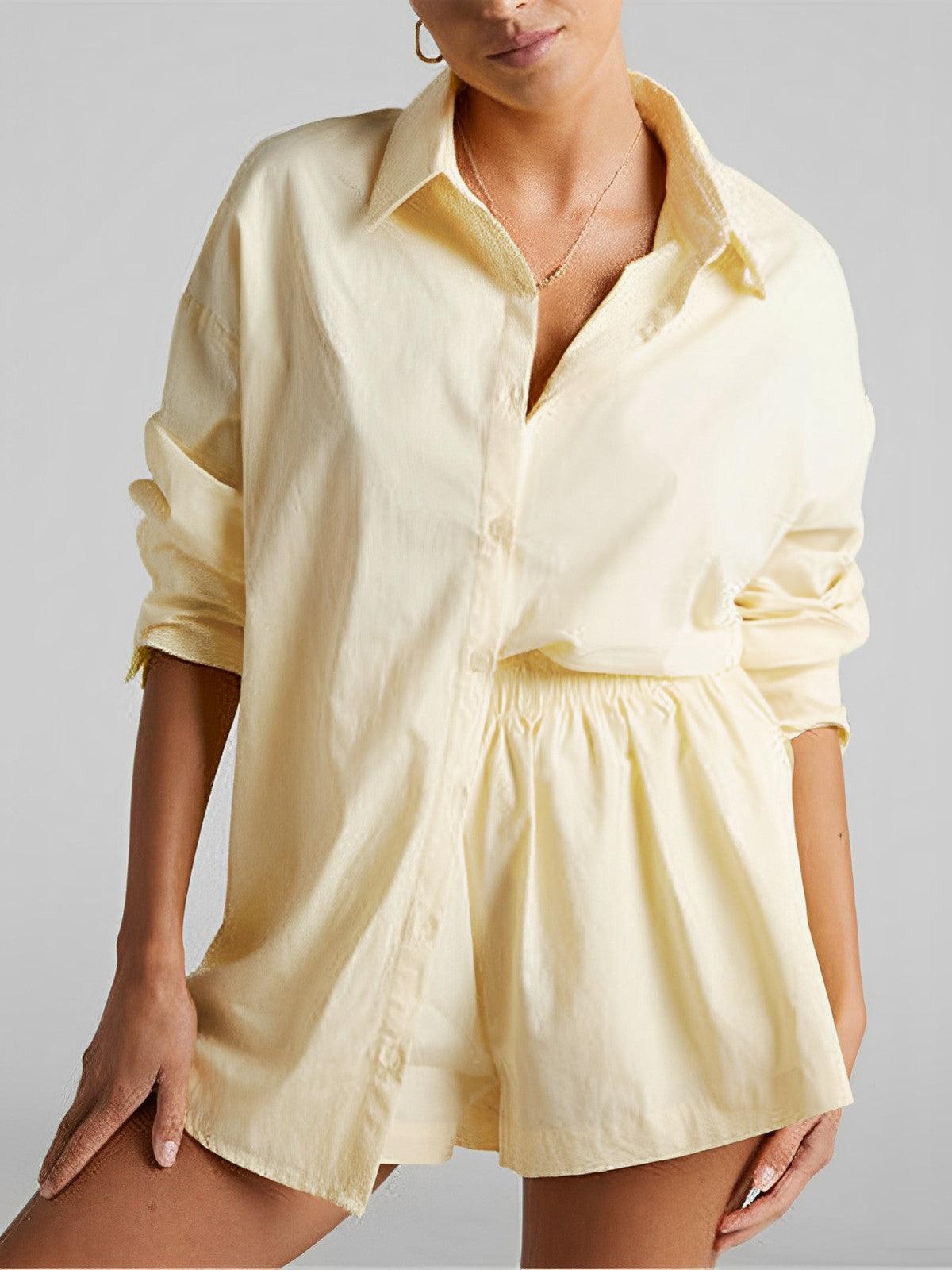 Women's cotton two-piece shorts set, lightweight casual vacation wear in plain relaxed fit