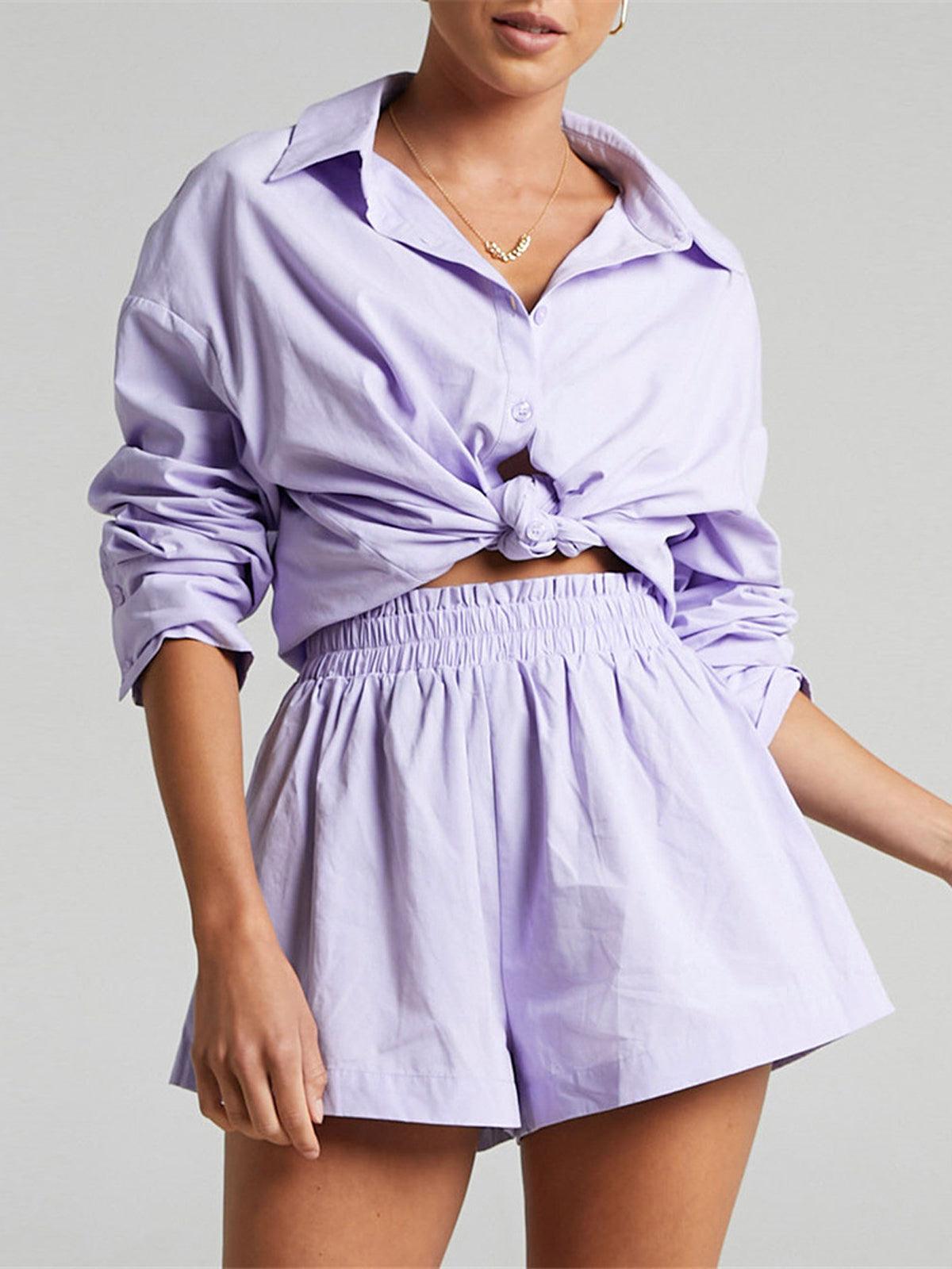 Women's cotton two-piece shorts set, lightweight casual vacation wear in plain relaxed fit