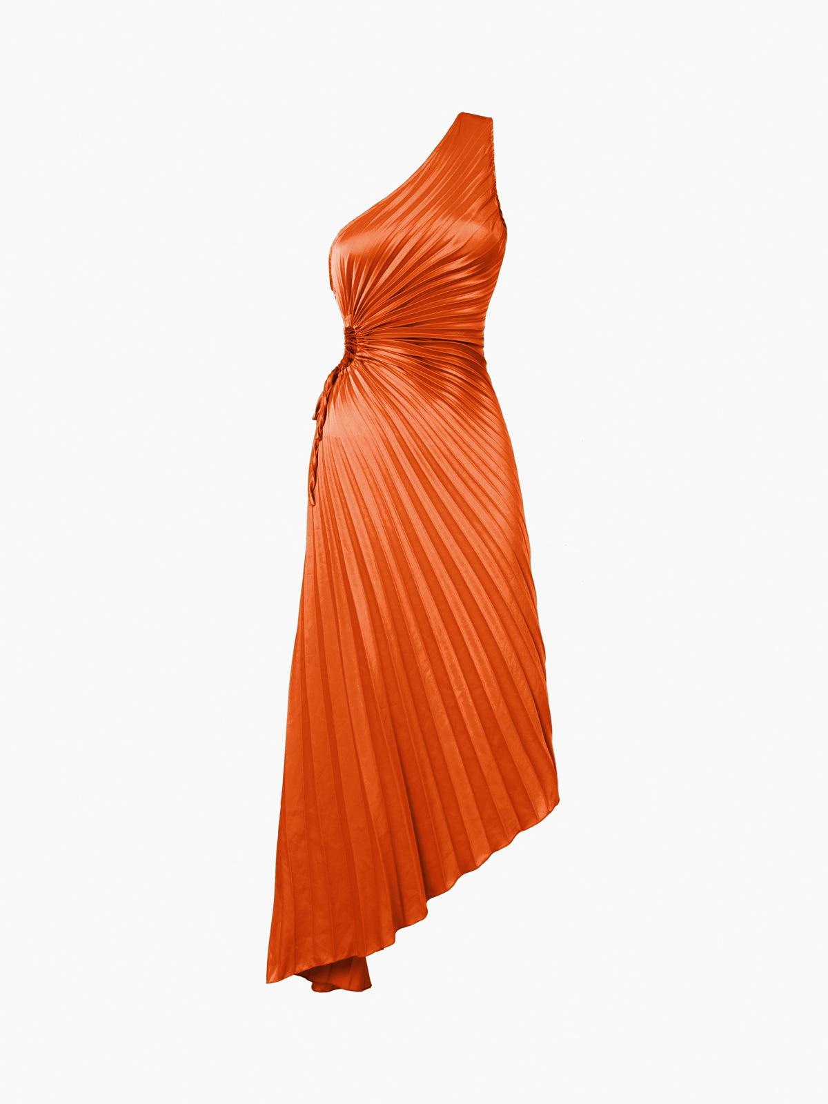 Bold satin pleated sleeveless long dress with asymmetric cutout silhouette, elegant gown for weddings