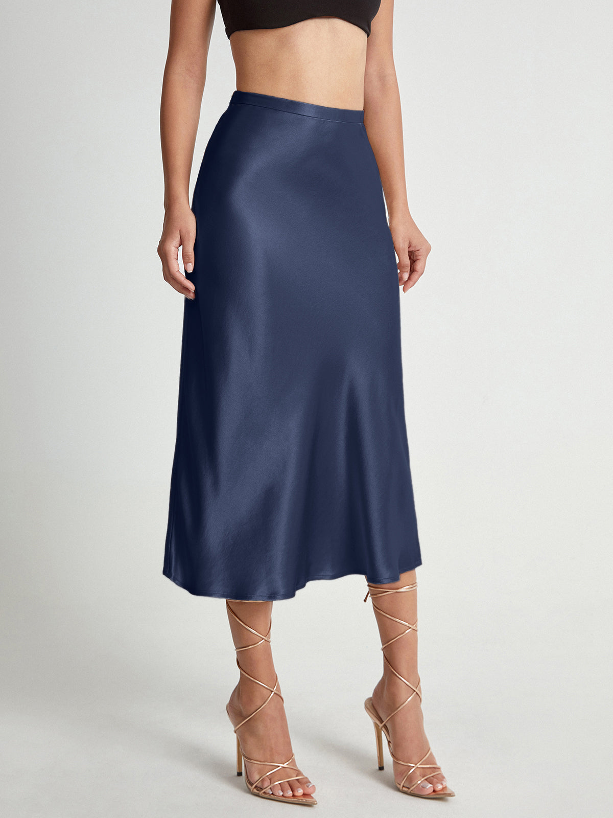 Women's satin midi skirt bias-cut A-line silhouette with glossy light-catching finish