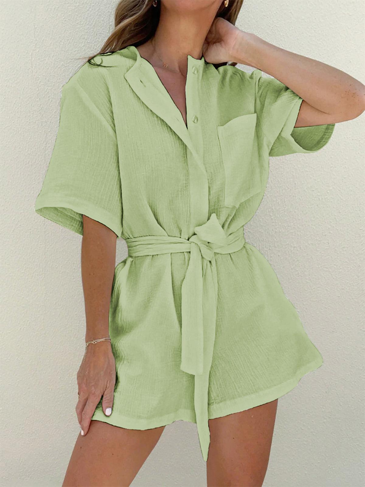 Women's tied cotton jumpsuit short sleeve crew neck casual one-piece leisure wear plain silhouette