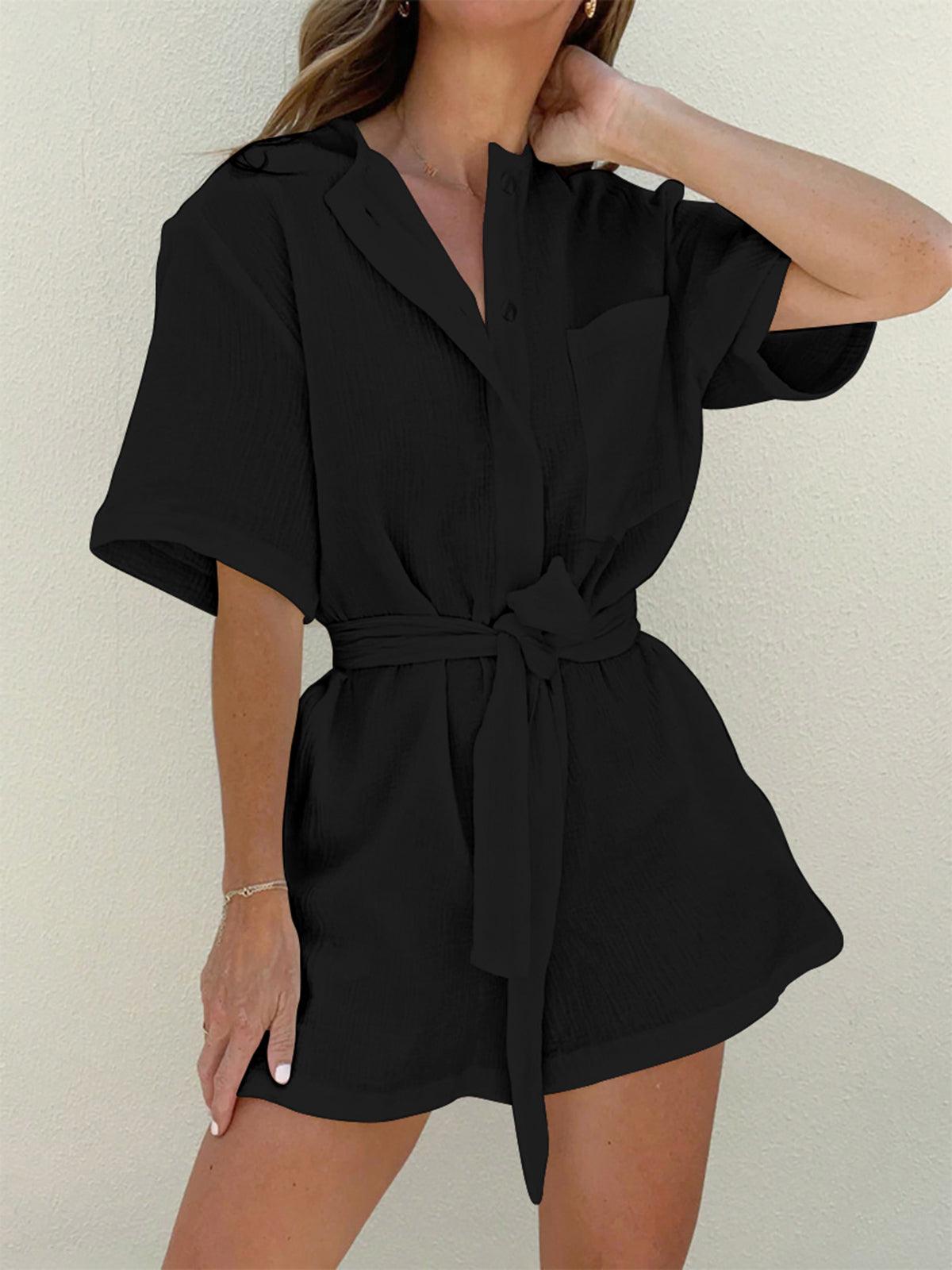 Women's tied cotton jumpsuit casual crew neck short sleeve one-piece leisure wear plain silhouette