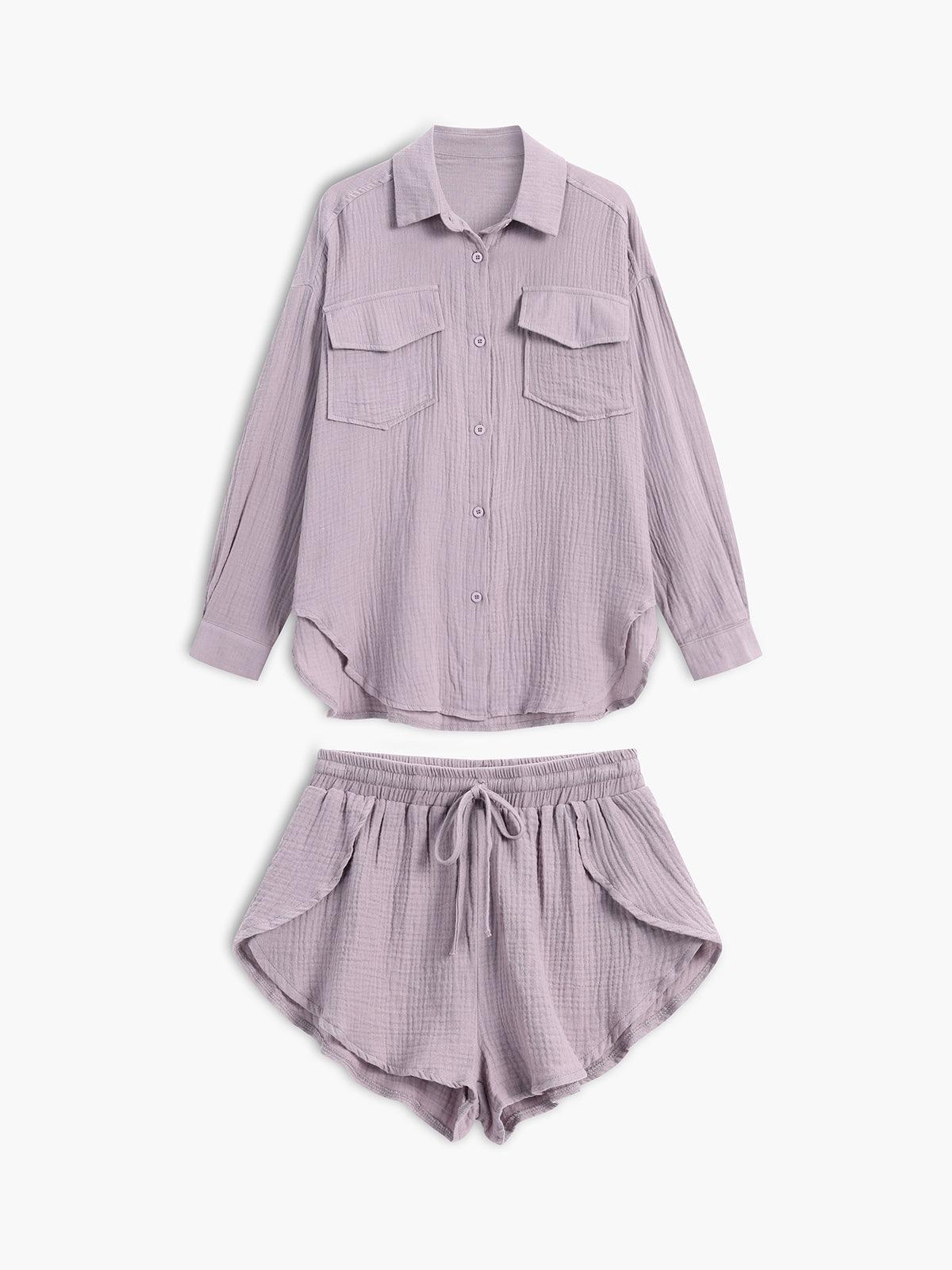 Women's cotton two-piece shorts set with collared top, minimalist casual style in clean-lined silhouette