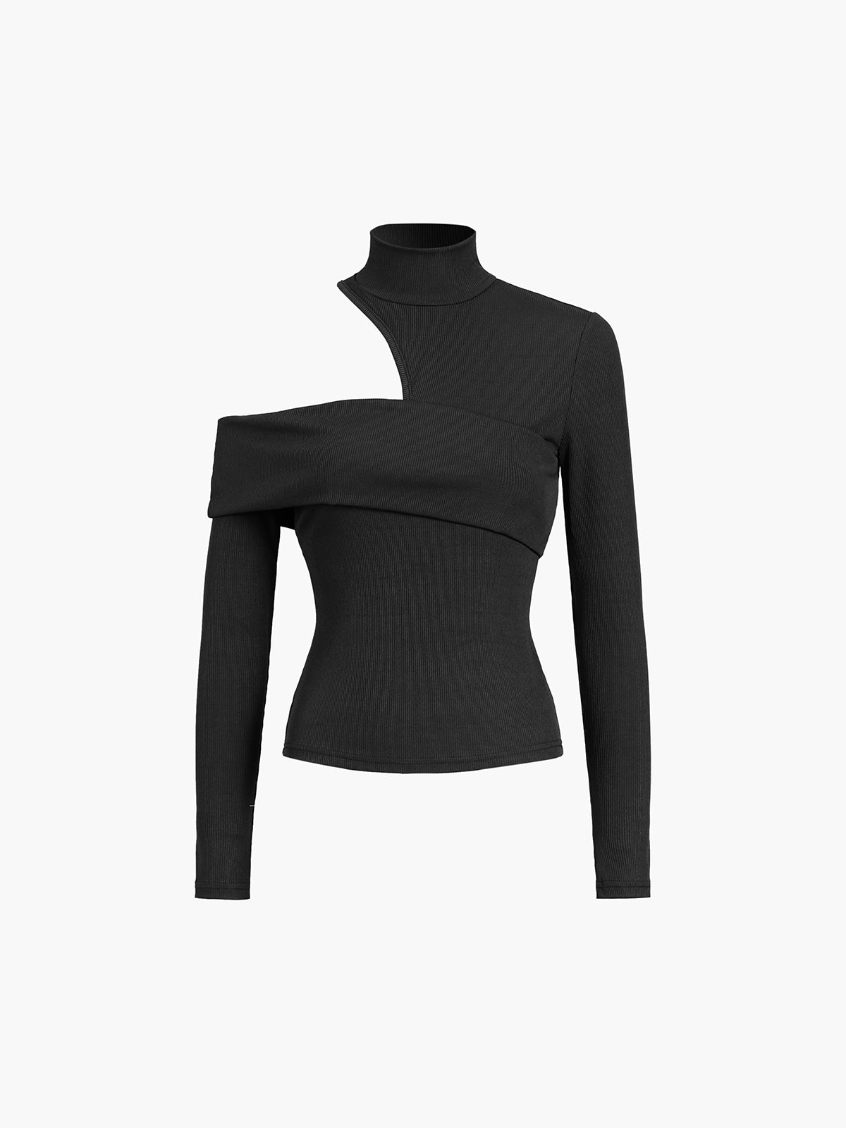 Black asymmetrical cutout top with sculpted high neckline and off-shoulder long sleeve detail