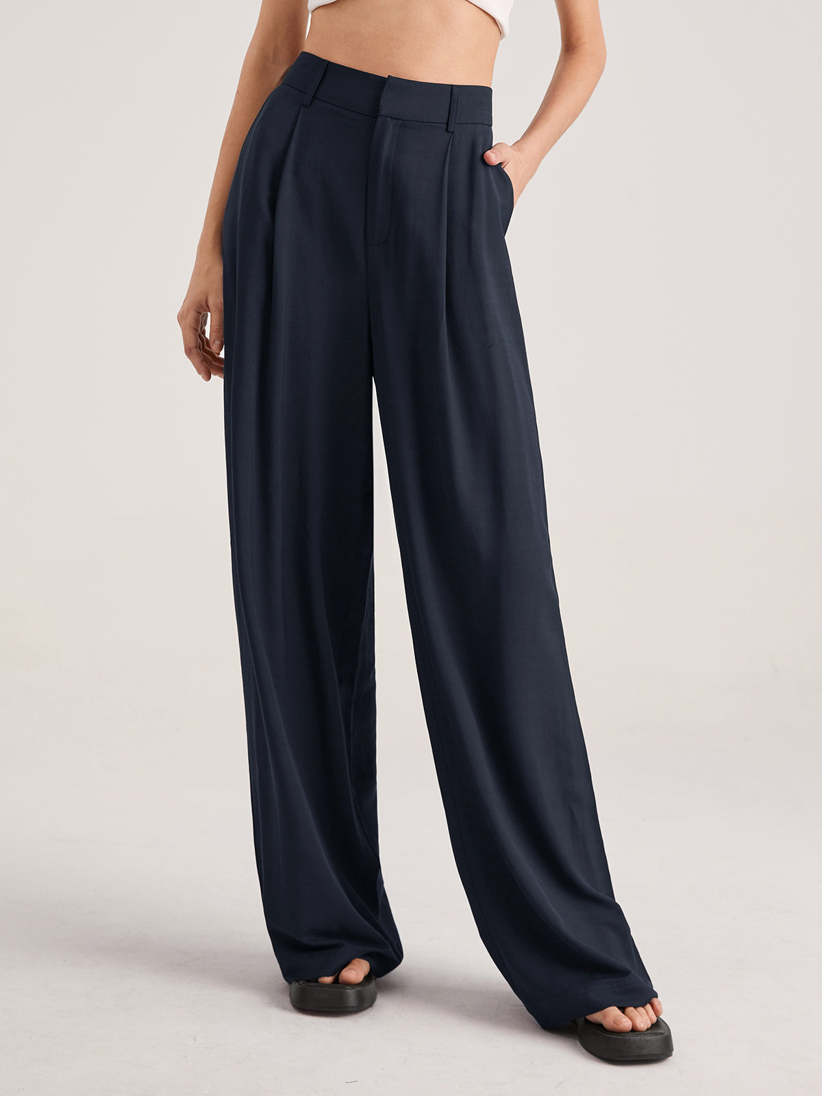 Women's high waist wide leg trousers subtle pleat detailing tailored breezy silhouette all day comfort