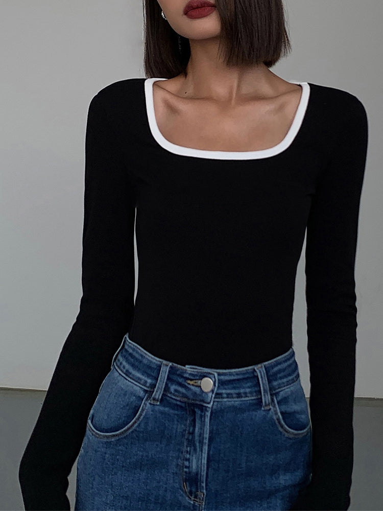Women's square neck top with contrast trim detail, structured silhouette, bold graphic neckline accent