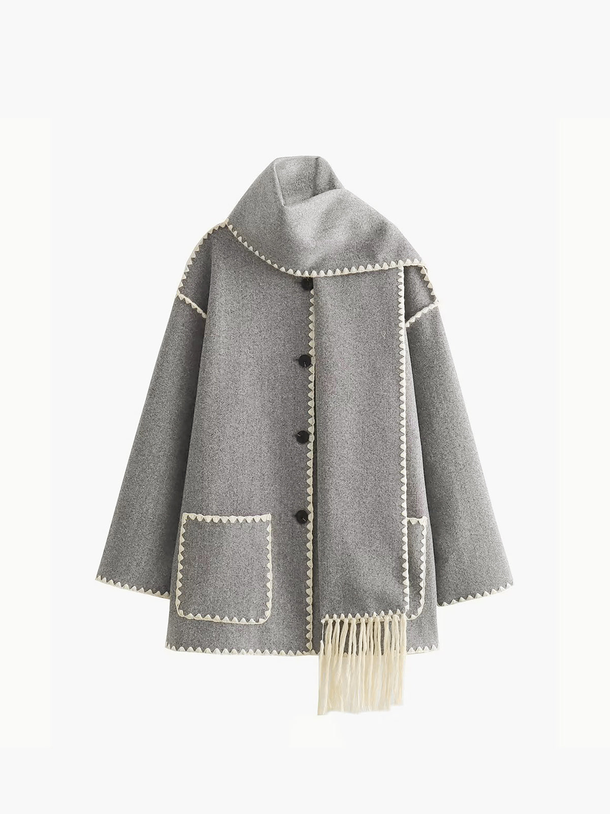 Black women's tailored jacket with matching fringe scarf, structured silhouette and bold contrast trim detailing
