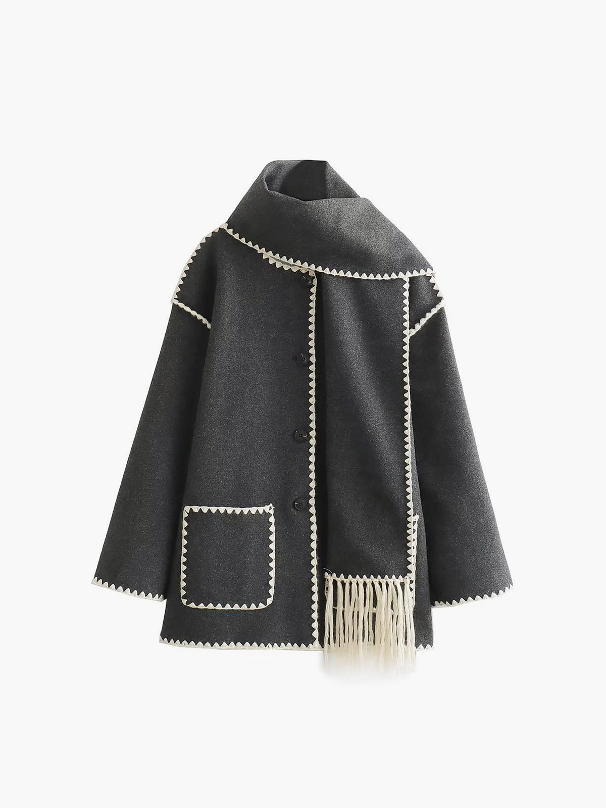 Black women's tailored jacket with matching fringe scarf, structured silhouette and bold contrast trim