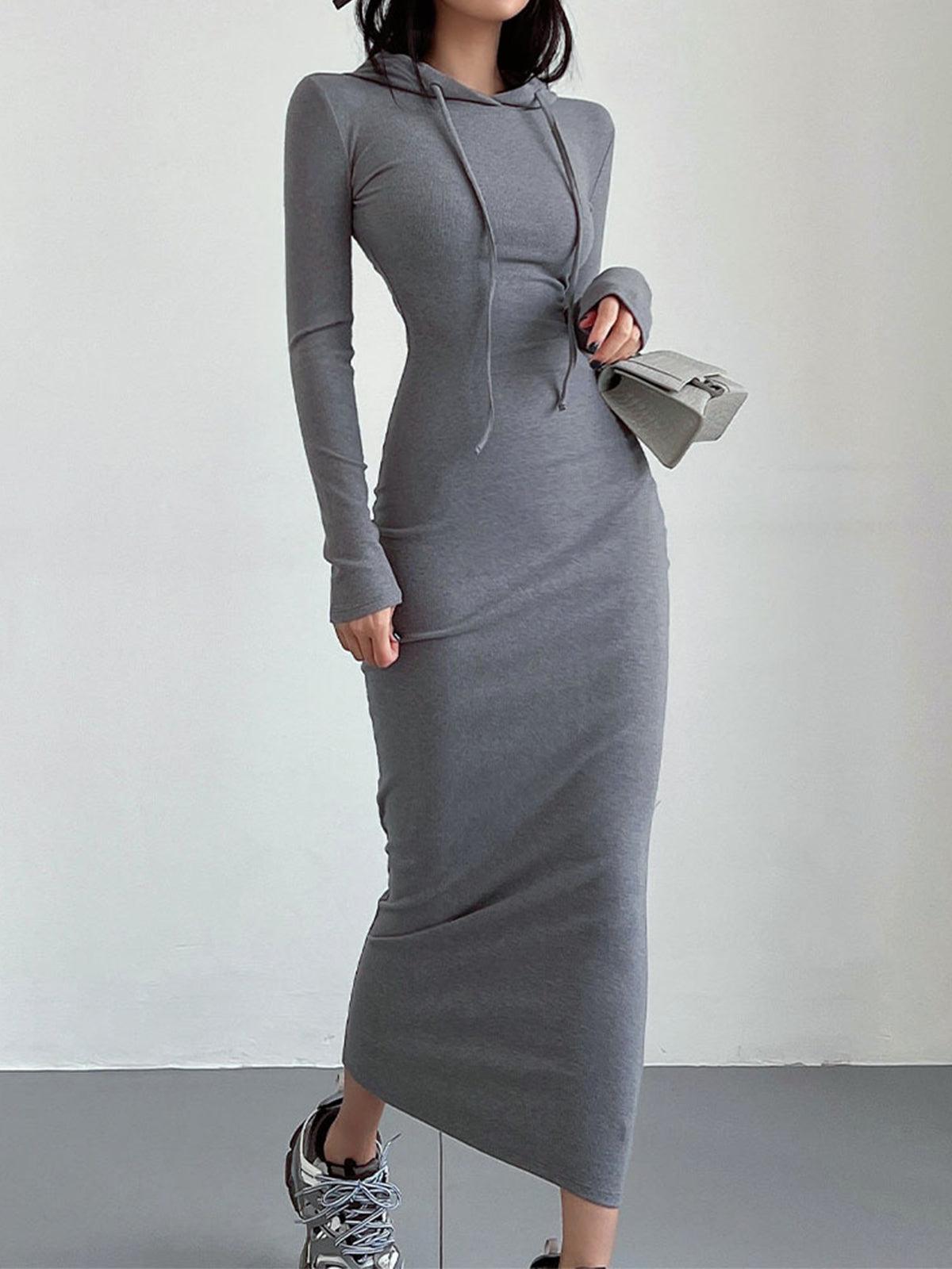 Women's casual drop shoulder hooded dress with drawstring, long sleeves, relaxed fit everyday style