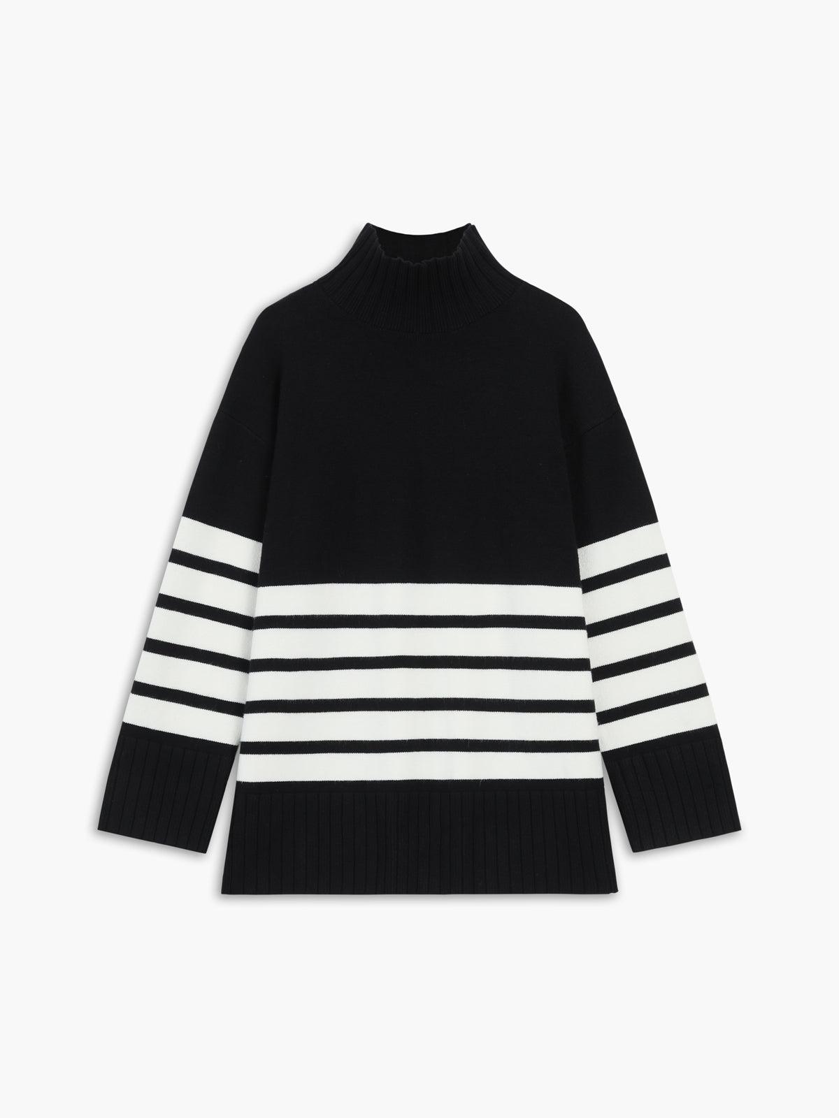 Women's colorblock stripe mock neck knit sweater in cozy relaxed fit with polished silhouette