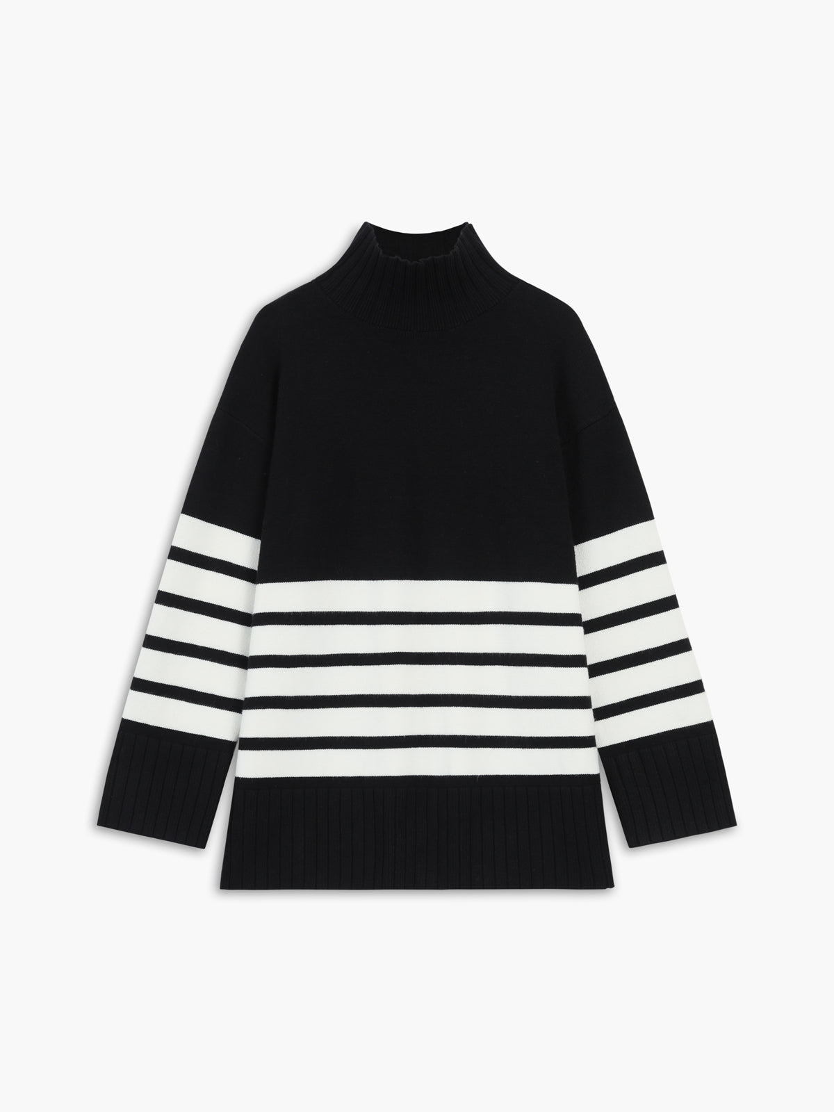 Women's oversized mock neck knit sweater with bold contrast stripes in a cozy relaxed fit