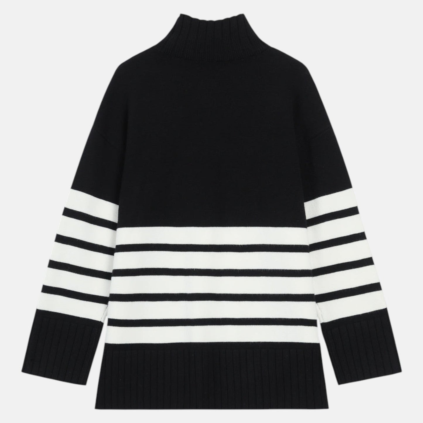Women's cozy knit sweater stand-up collar stripe pattern soft warm feminine silhouette
