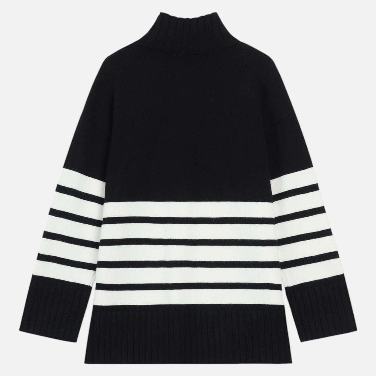 Women's cozy knit sweater stand-up collar stripe pattern soft warm feminine silhouette