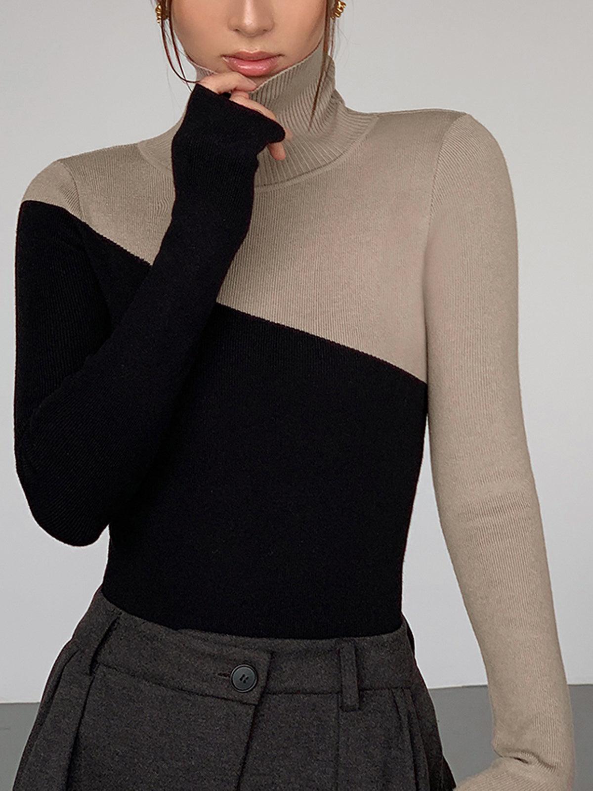 Women's asymmetric patchwork knit top mock neck long sleeve casual versatile layer
