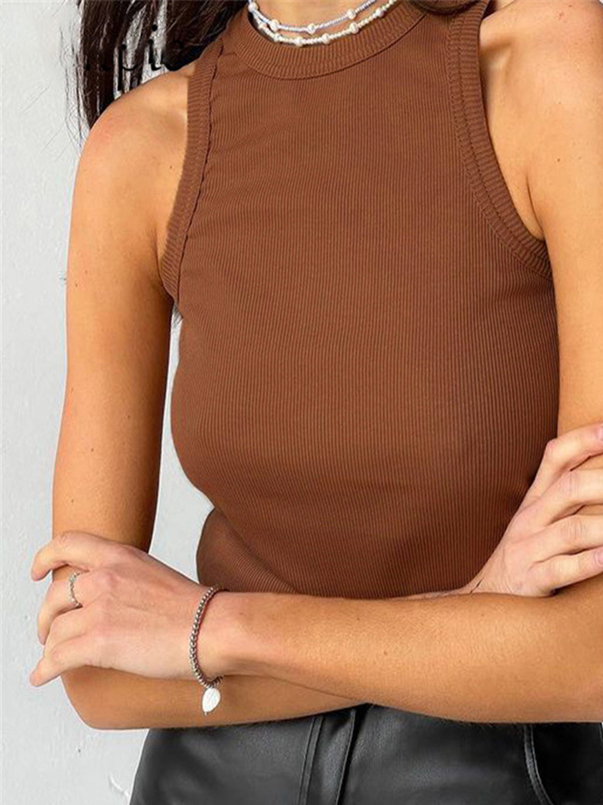 Women's ribbed crop tank top fitted minimalist white high neckline soft-structure everyday layer