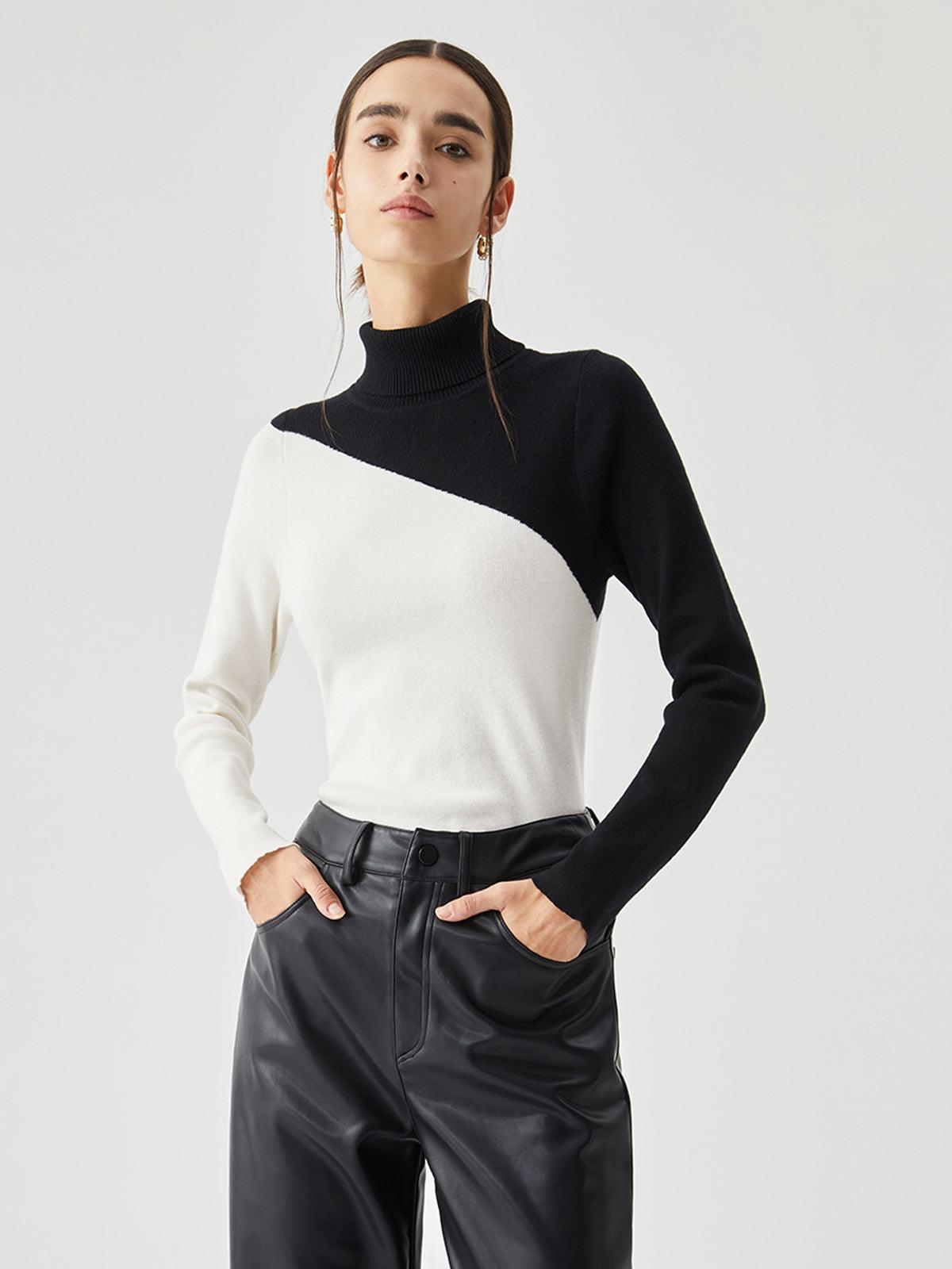 Women's asymmetric patchwork knit top mock neck long sleeve casual work style