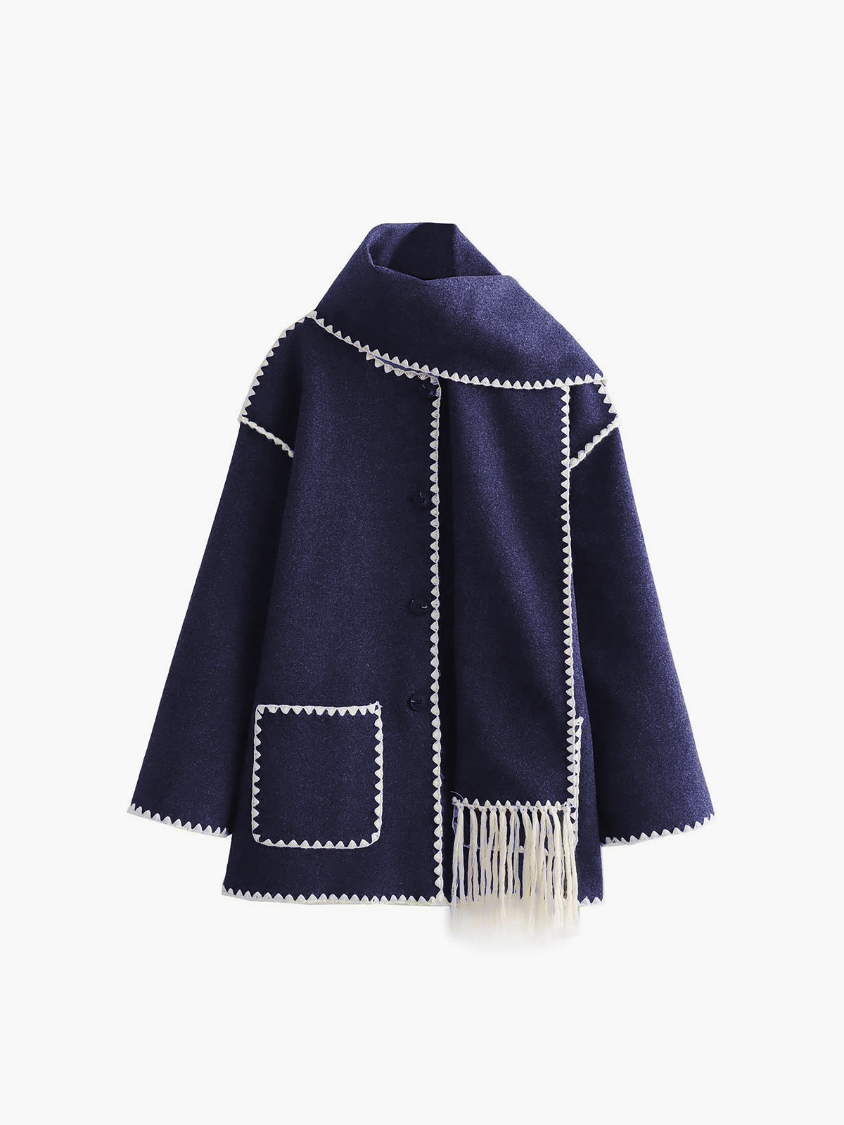 Black tailored women's jacket with matching fringe scarf, structured silhouette for polished statement look