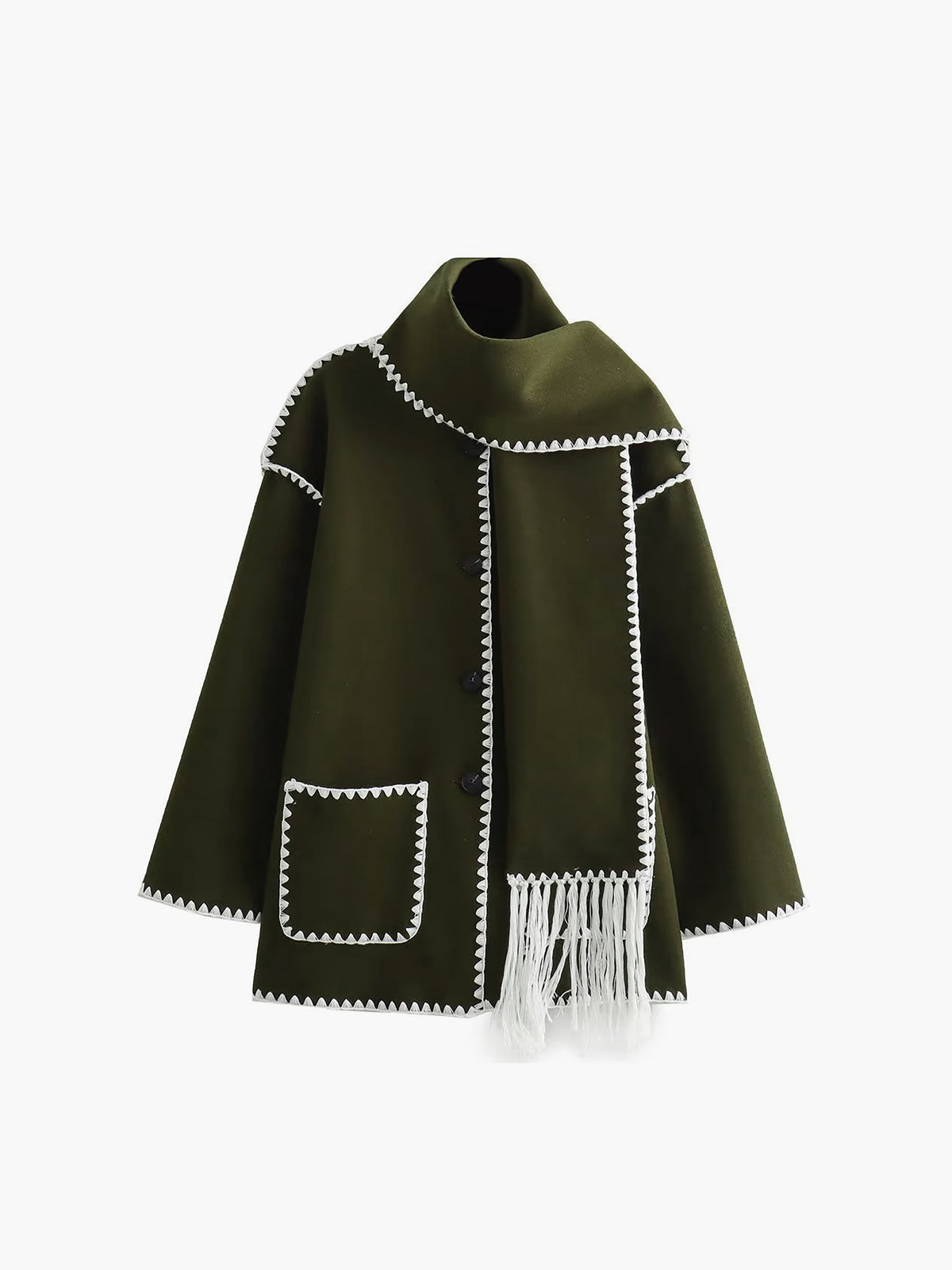 Black women's tailored jacket with matching fringe scarf, structured silhouette and bold contrast trim