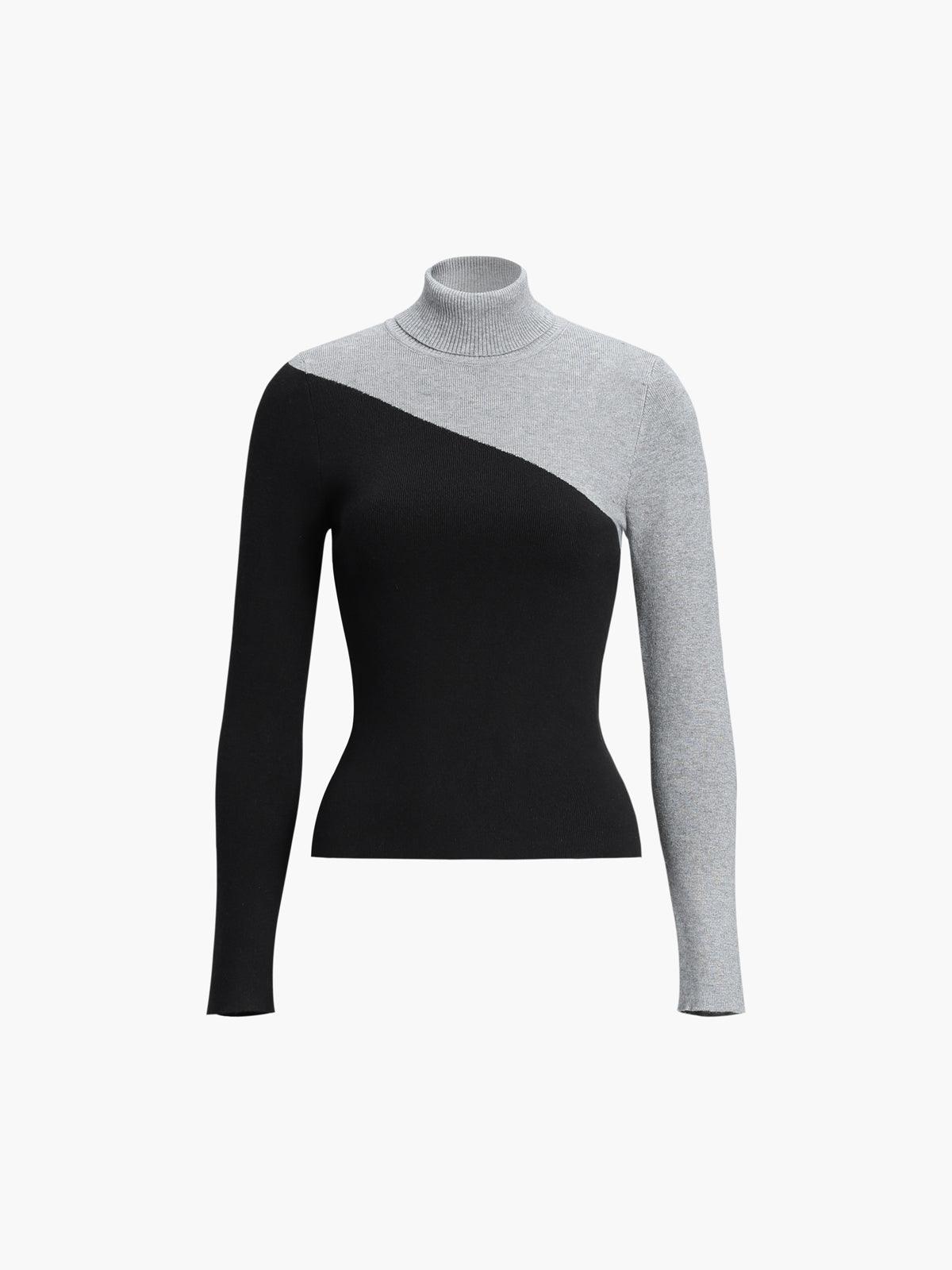 Women's asymmetric patchwork knit top mock neck long sleeve casual versatile work layer