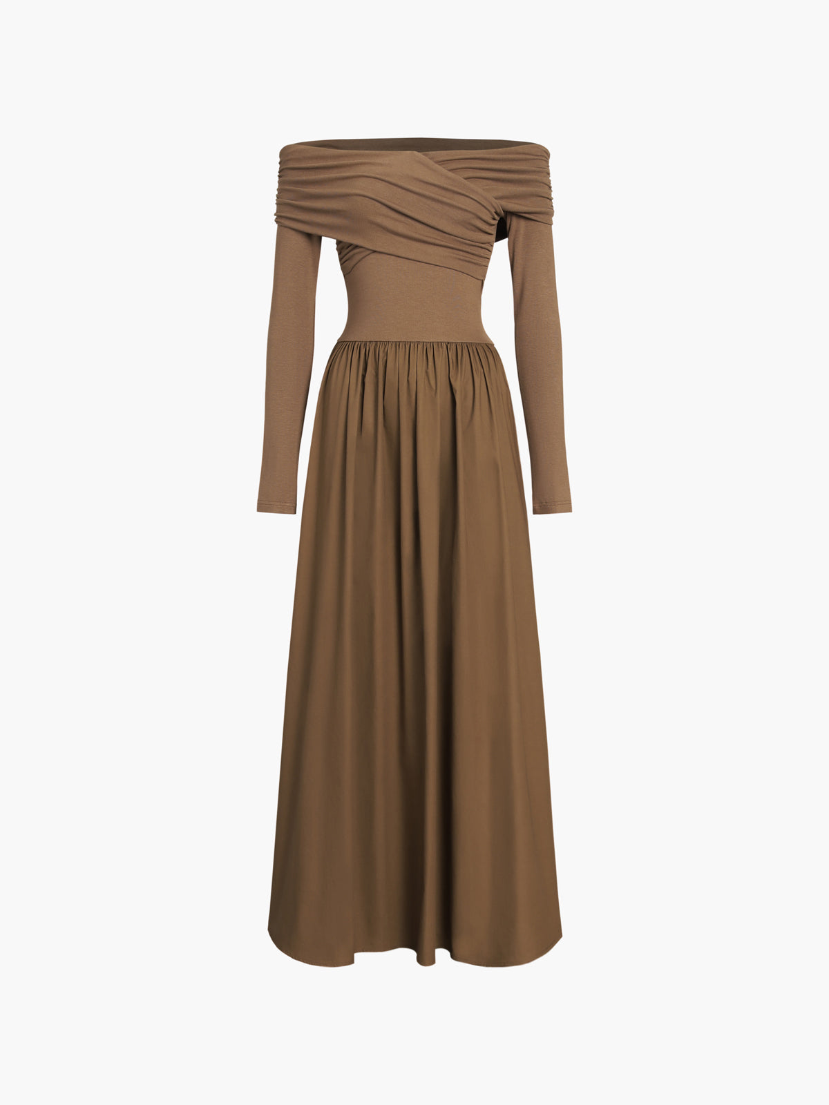 Elegant black off-shoulder criss-cross long dress with curve-flattering silhouette for evening wear