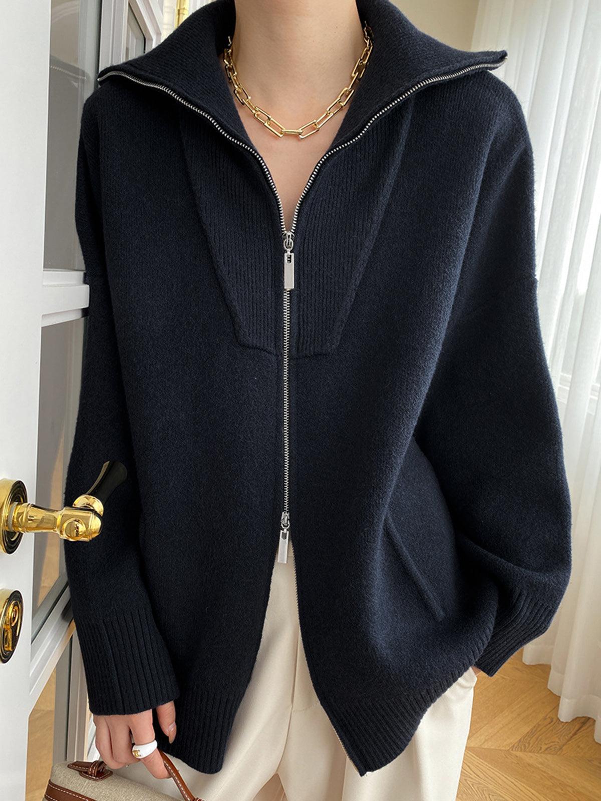Oversized open collar knit cardigan in neutral tones, relaxed unisex silhouette with cozy layering design