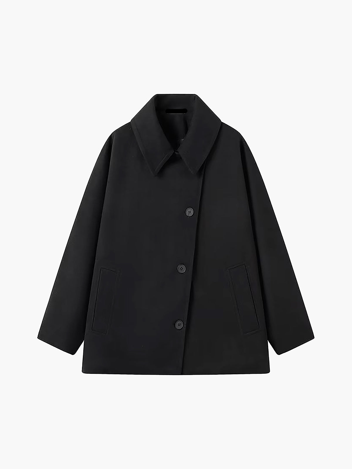 Women's oversized wool-blend coat in neutral tone, relaxed silhouette with minimal button closure