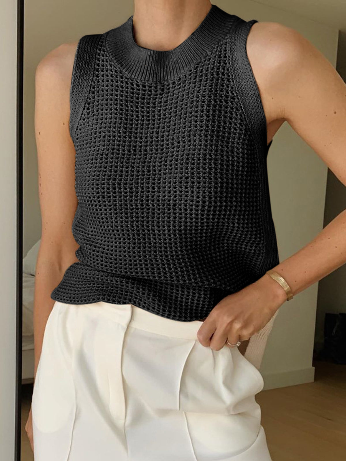 Women's open weave knit hollow tank top with thick ribbed collar, breathable solid design for layering