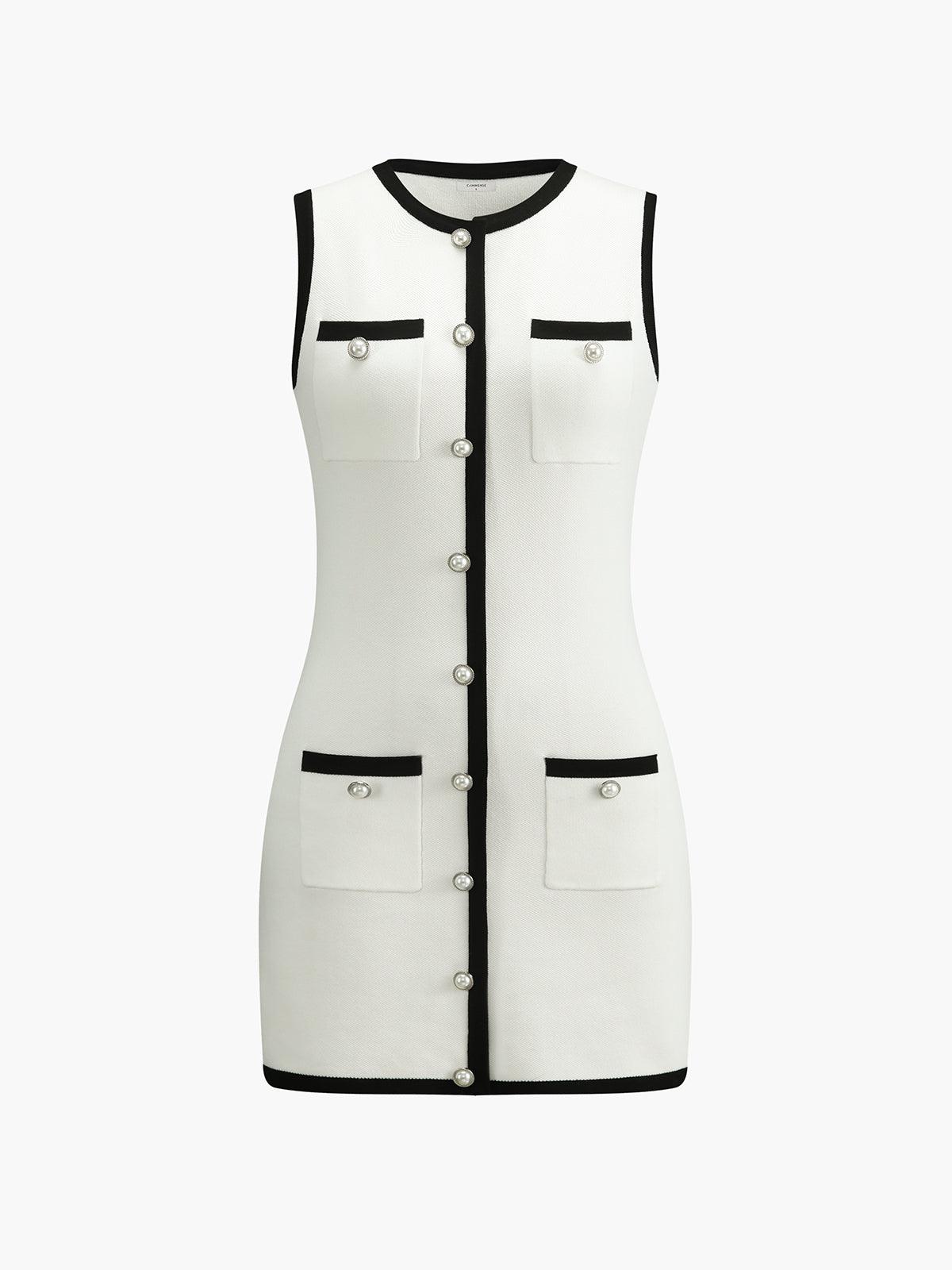 Sleeveless knit sweater dress with multi pockets, button details, versatile work-leisure style
